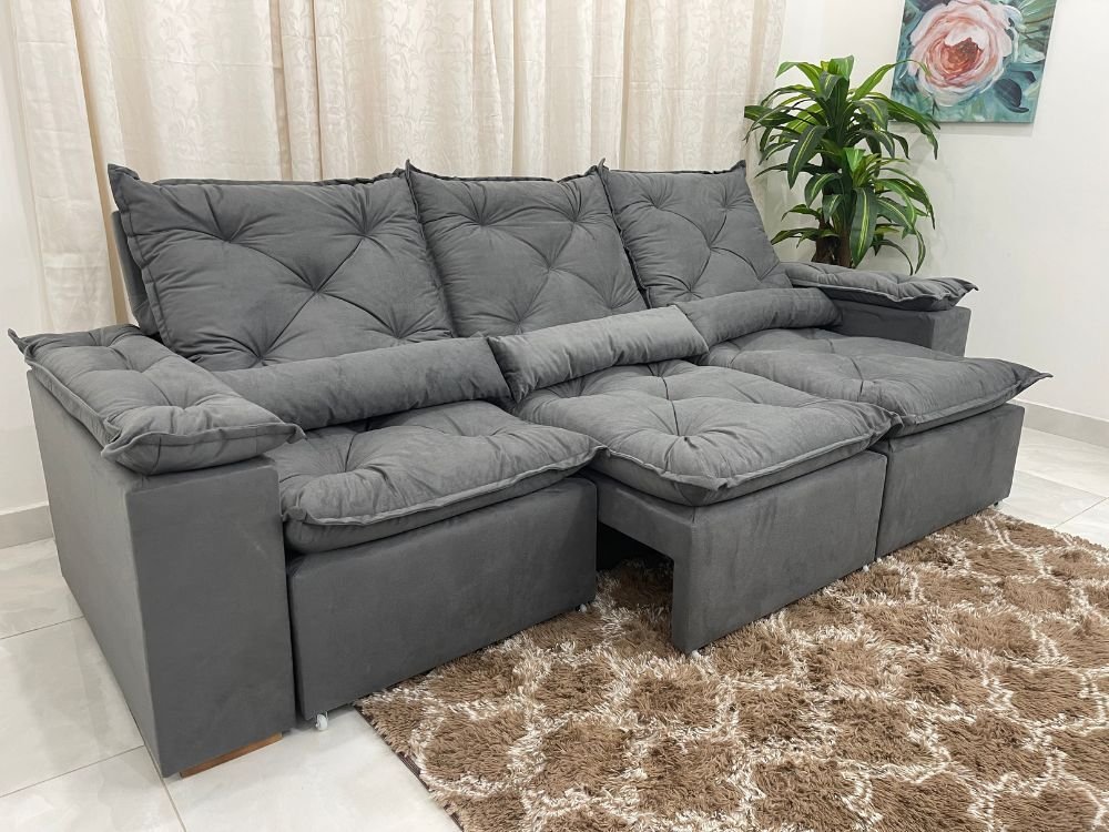 Sofá Retrátil e Reclinável 2,70m em Tecido Veludão C/pillow Nos Braços Athenas:cinza/270cm