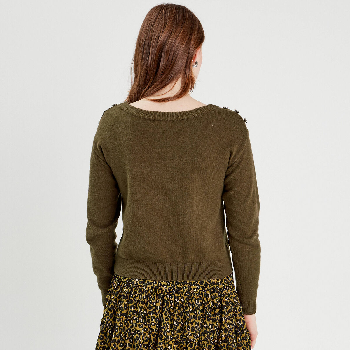 Pull avec boutons épaules vert kaki femme