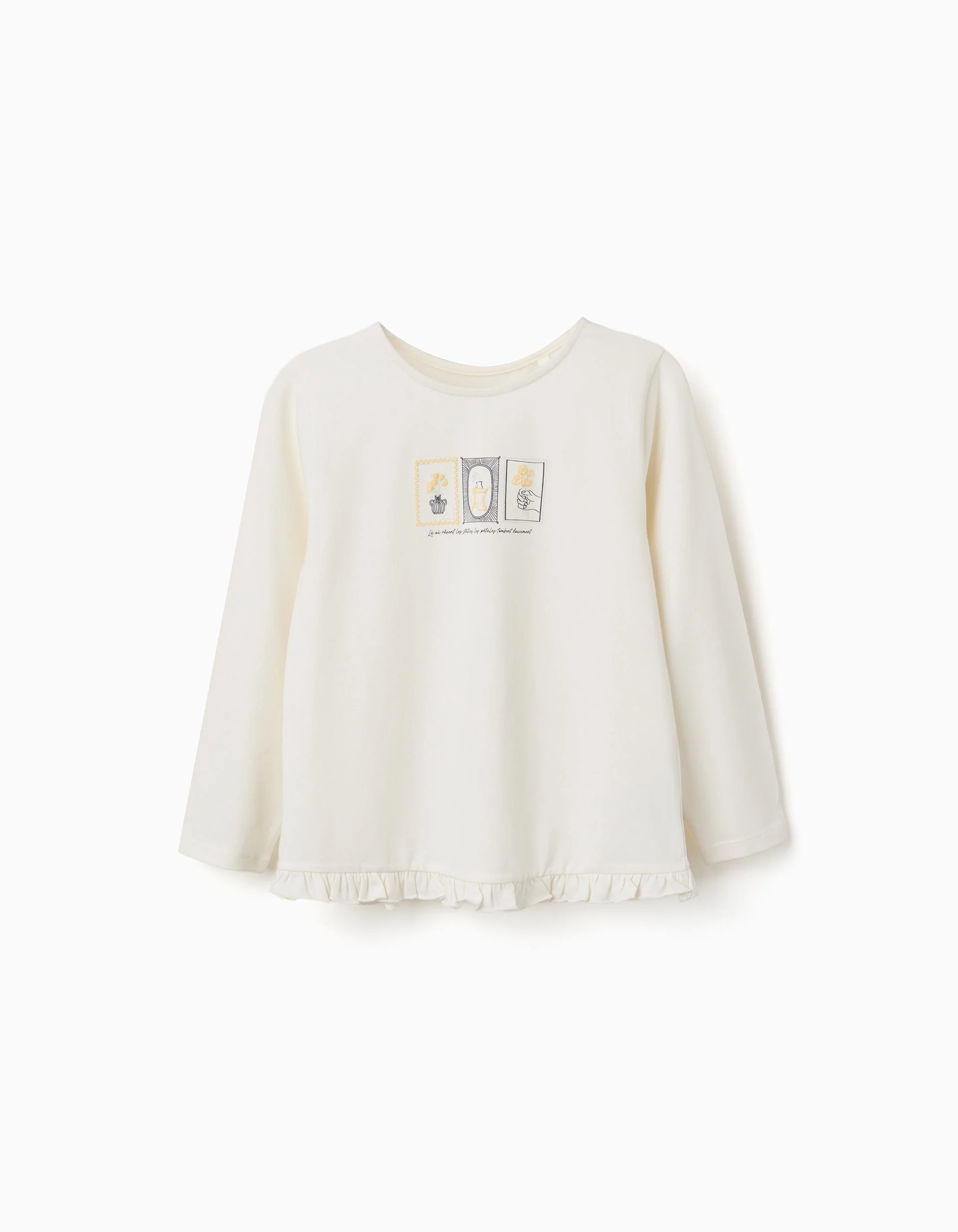 Long sleeve cotton T-shirt with floral embossed print for girls, white