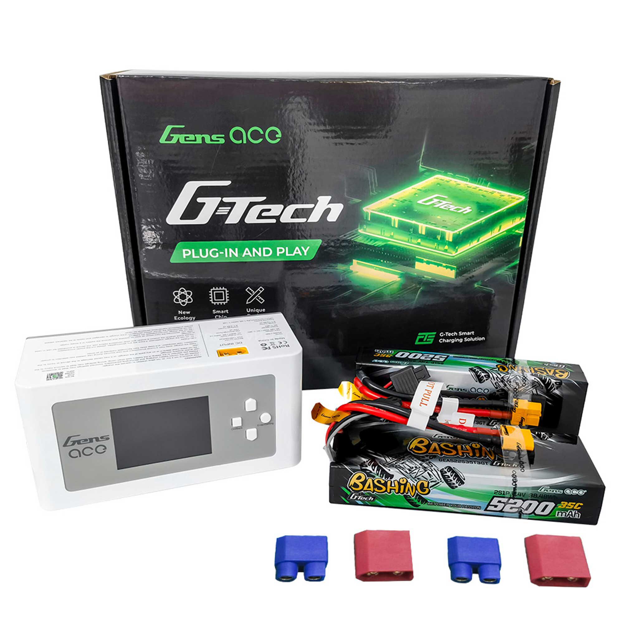 Gens ace G-Tech 2 batteries Bundle: 5200mAh 2S 35C hardcase XT60/EC3/Deans unversal plug x 2pcs + D300 charger