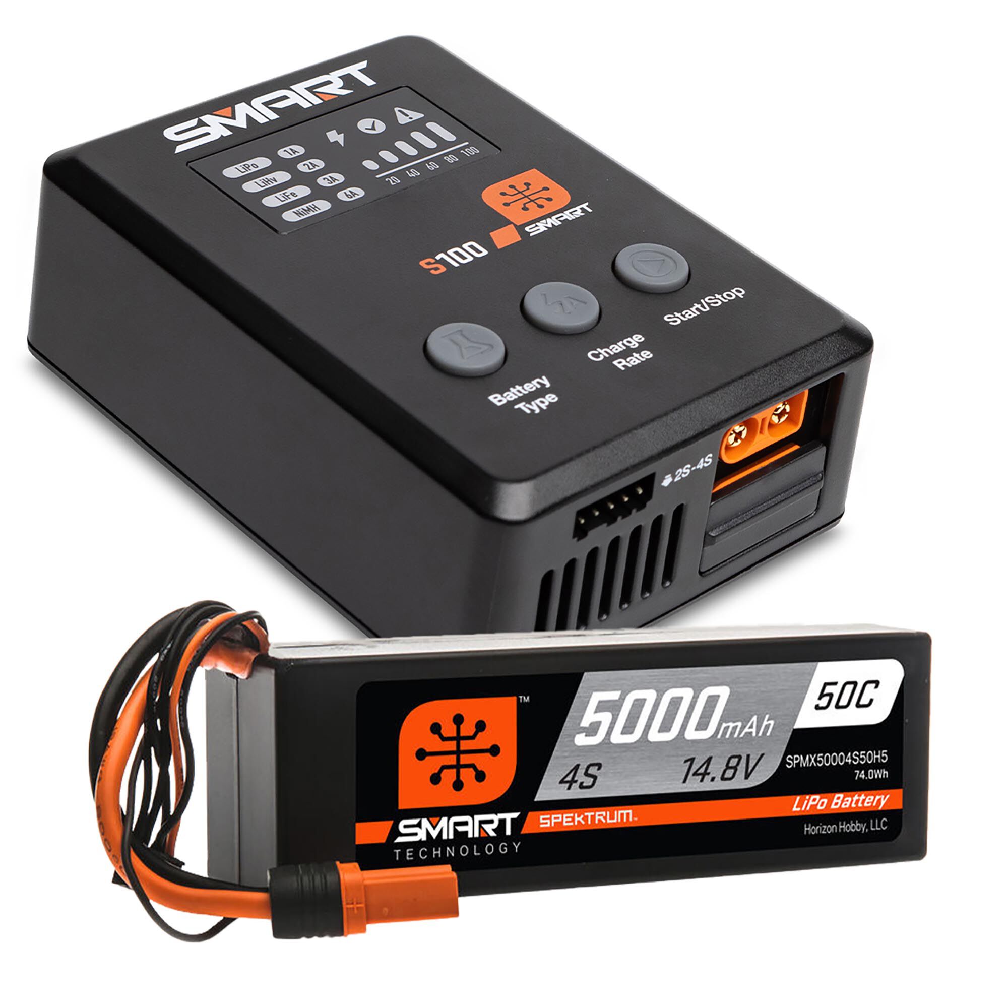 Spektrum Accessories Smart Powerstage Surface Bundle: 5000mAh 4S 50C LiPo Battery (IC5) / 100W S100 Charger