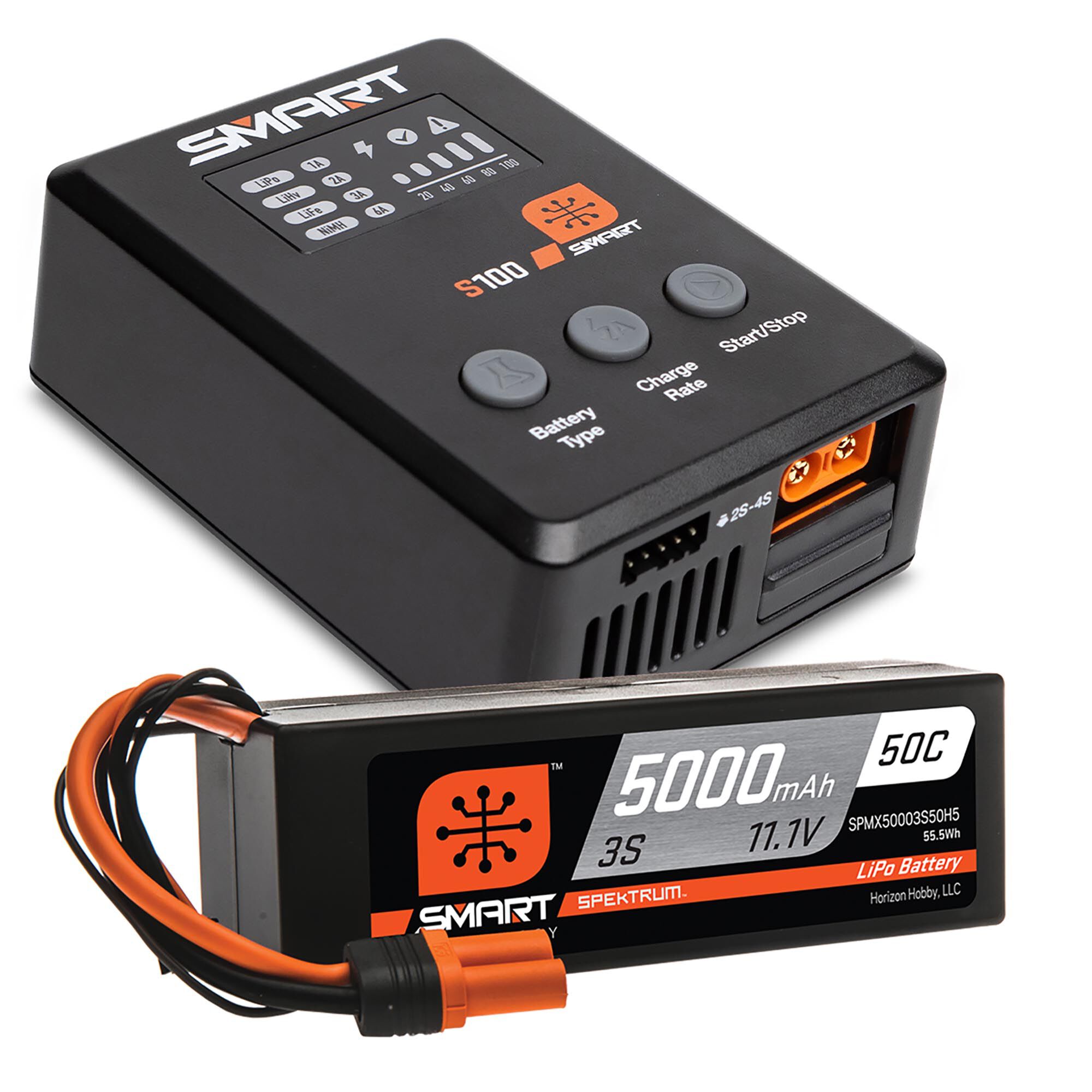 Spektrum Accessories Smart Powerstage Surface Bundle: 5000mAh 3S 50C LiPo Battery (IC5) / 100W S100 Charger