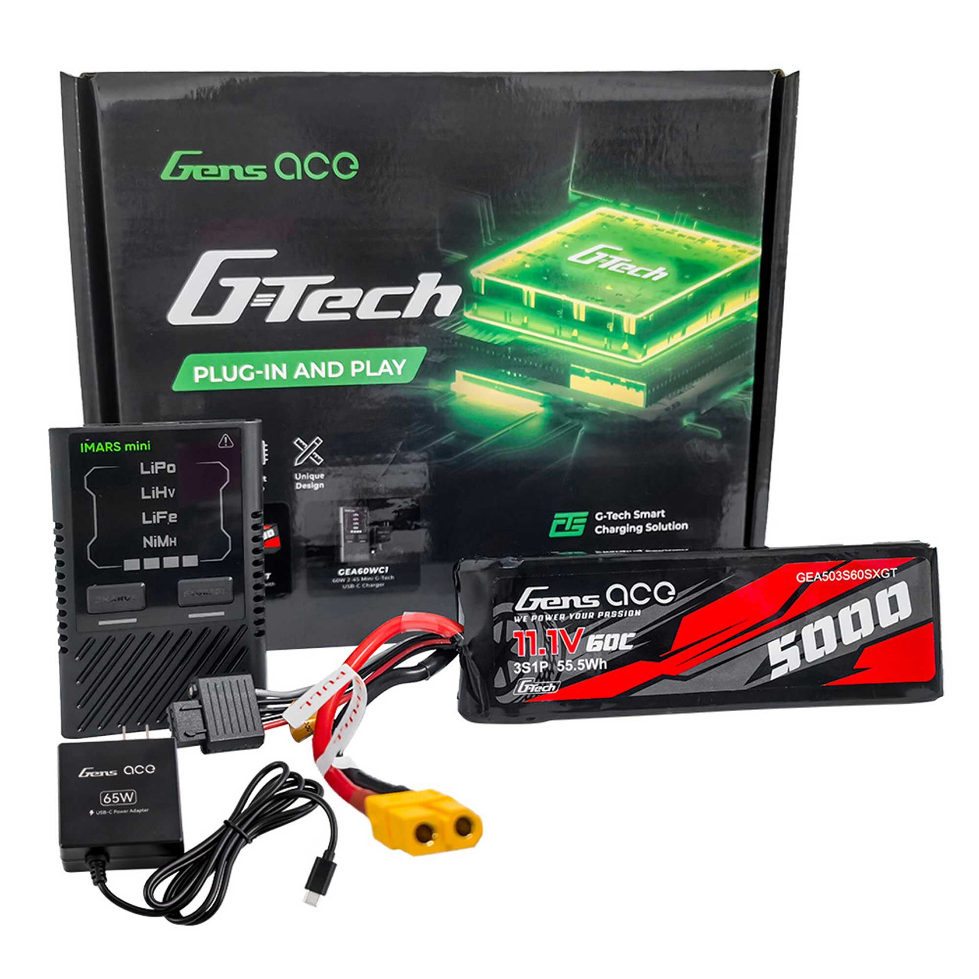 Gens ace G-Tech Bundle: 5000mAh 3S 60C softpack XT60 + iMars Mini charger