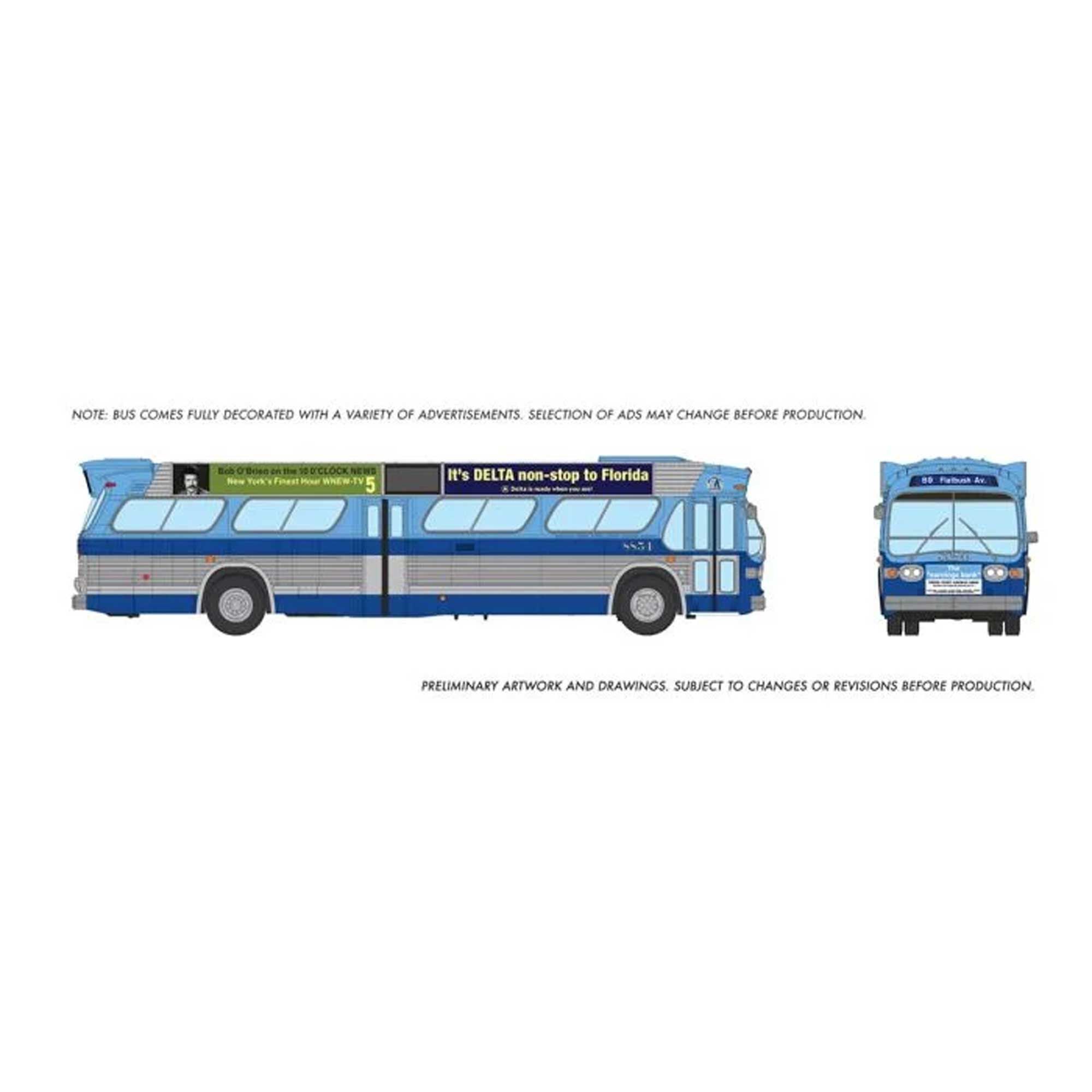 Rapido Trains Inc. HO 1/87 New Look Bus (Deluxe): New York MTA - Blue: #8854 with ads