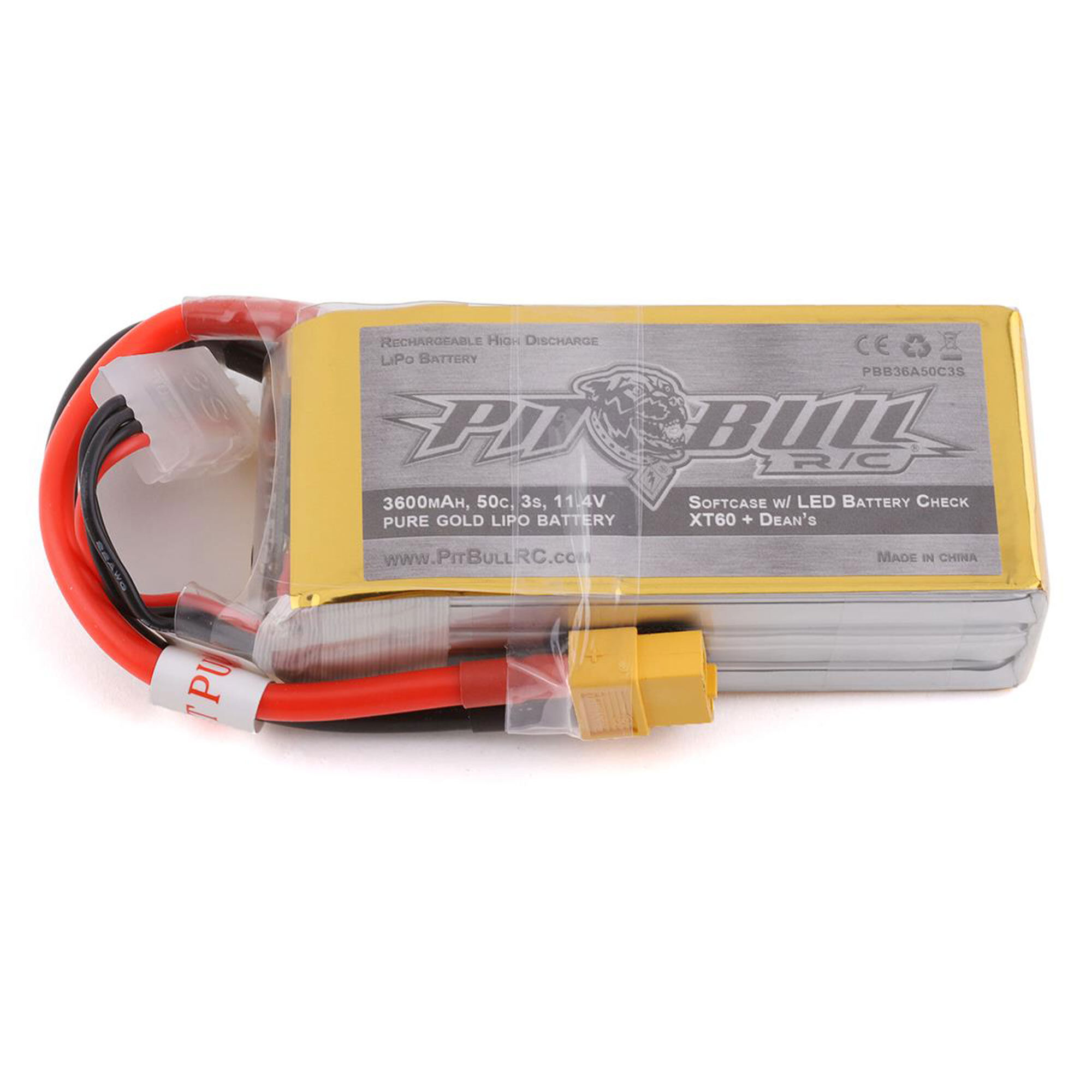 Pit Bull Xtreme RC Pure Gold 11.4V 3600mAh 3S 50C LiPo Battery: XT60/Deans