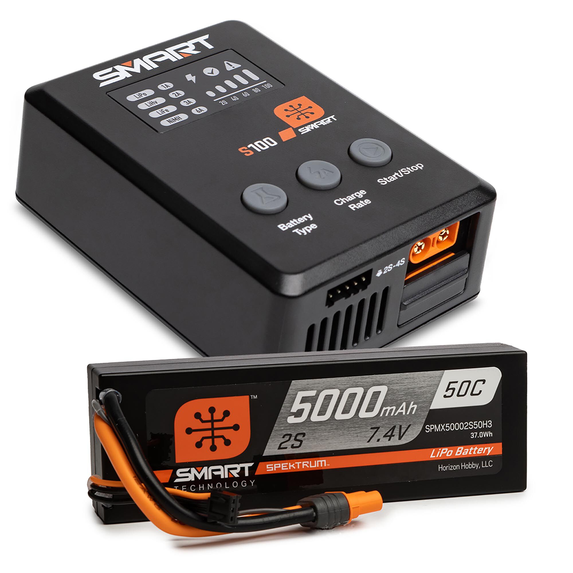 Spektrum Accessories Smart Powerstage Surface Bundle: 5000mAh 2S 50C LiPo Battery (IC3) / 100W S100 Charger