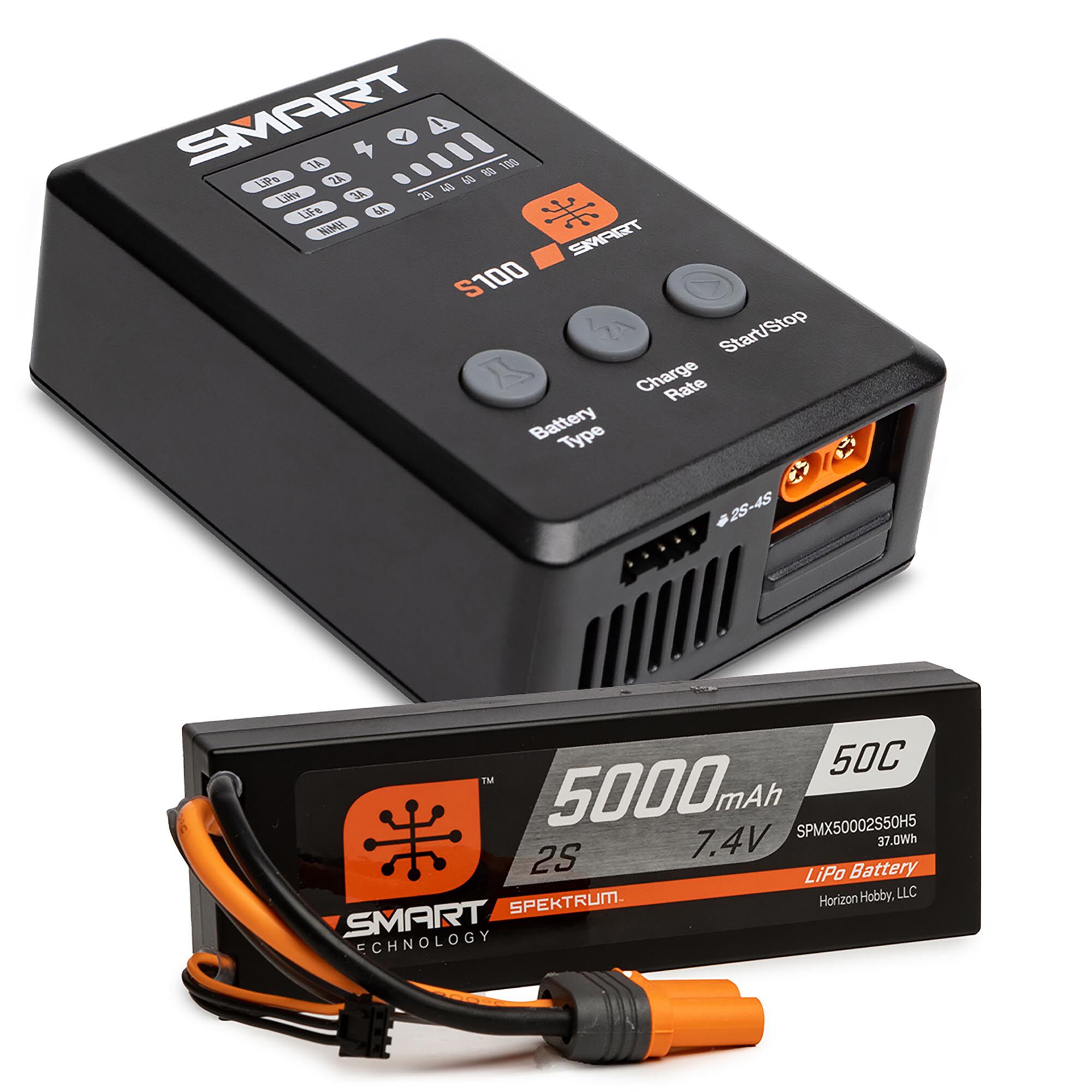 Spektrum Accessories Smart Powerstage Surface Bundle: 5000mAh 2S 50C LiPo Battery (IC5) / 100W S100 Charger