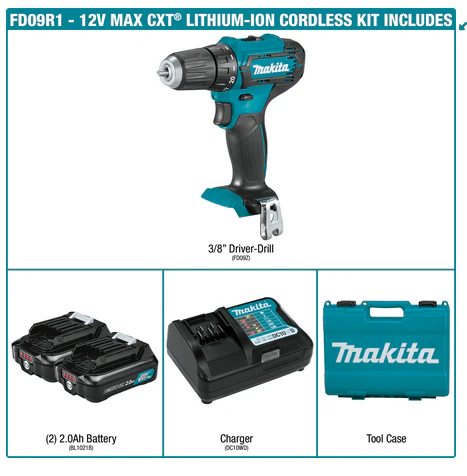 Makita 12V max CXT Lithium‑Ion Cordless 3/8 Inch Driver‑Drill Kit 2.0Ah Factory Serviced