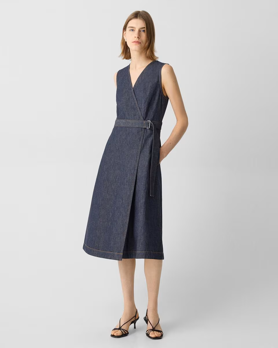 Sleeveless A-Line Wrap Dress in Denim