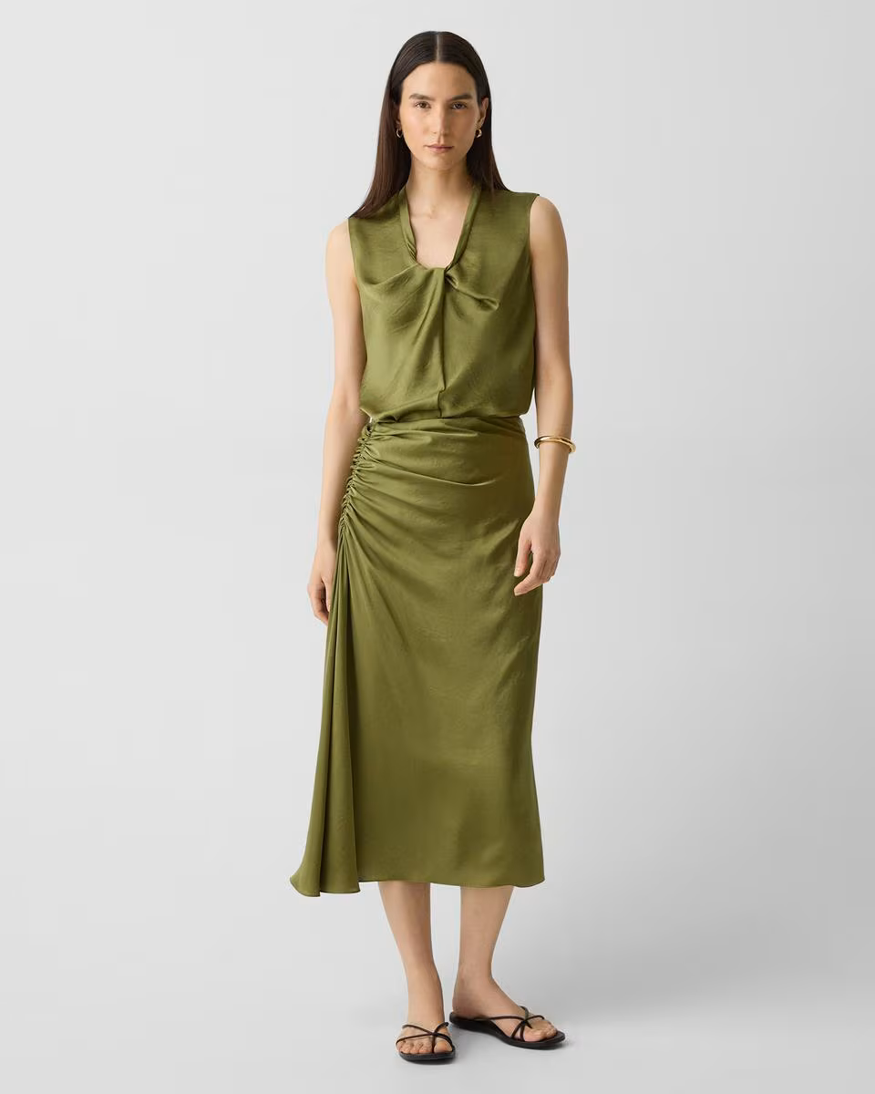 Ruched Midi Skirt in Crushed Satin