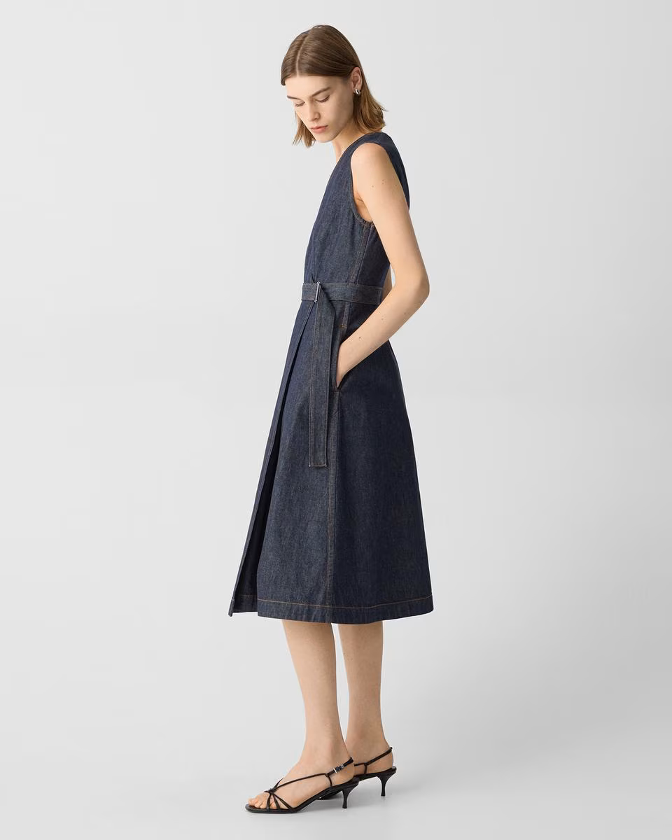 Sleeveless A-Line Wrap Dress in Denim