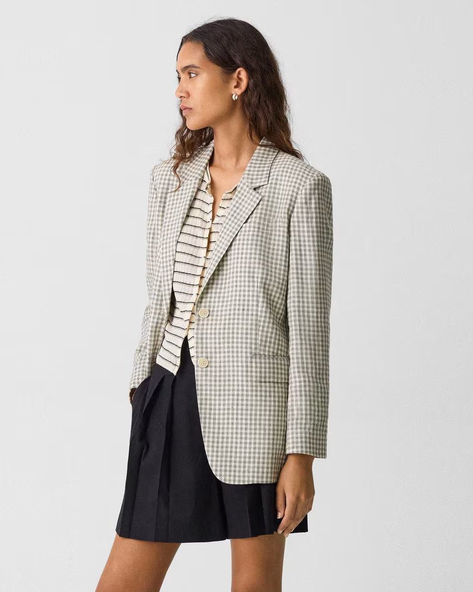 Relaxed Blazer in Checked Linen-Blend