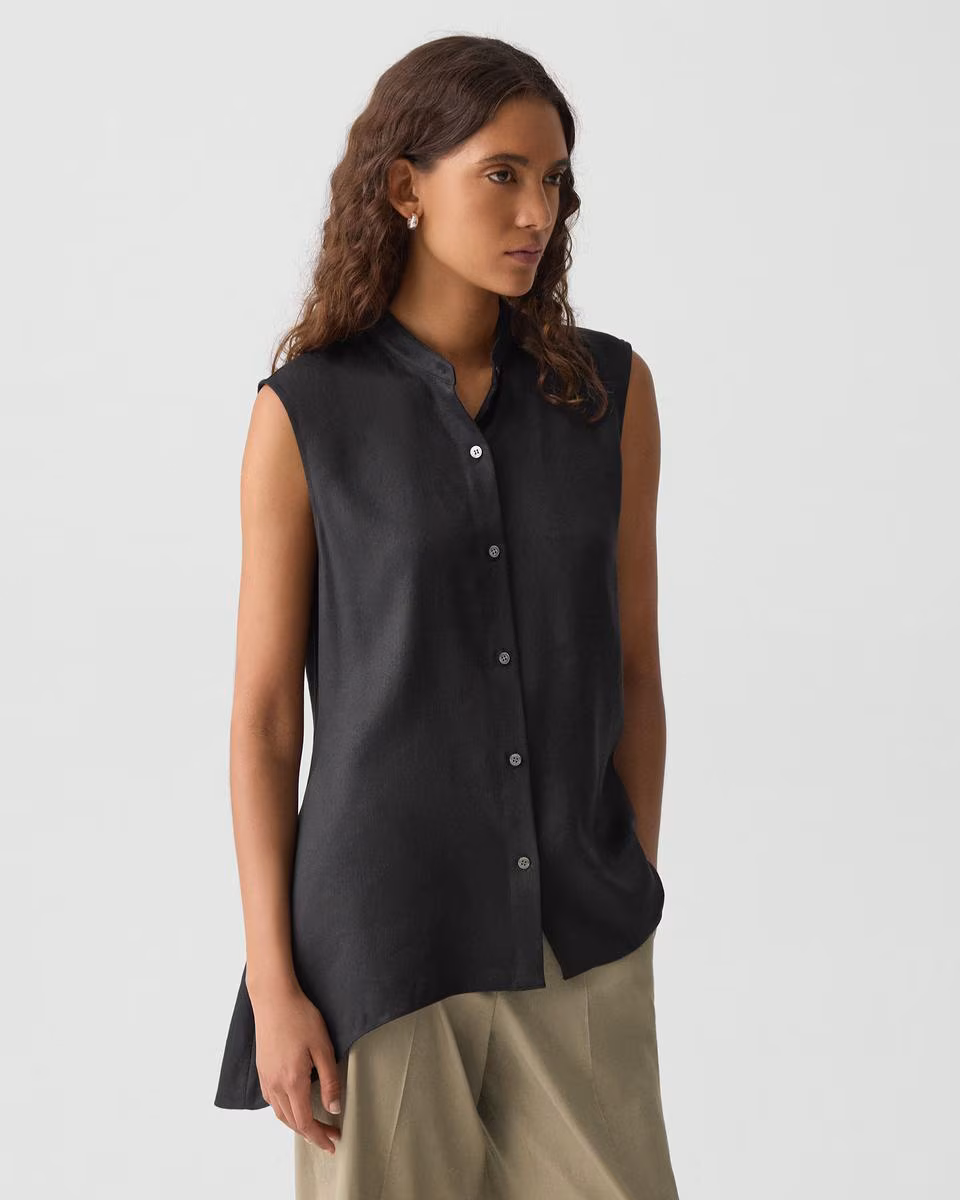 Sleeveless Asymmetrical Shirt in Linen-Viscose
