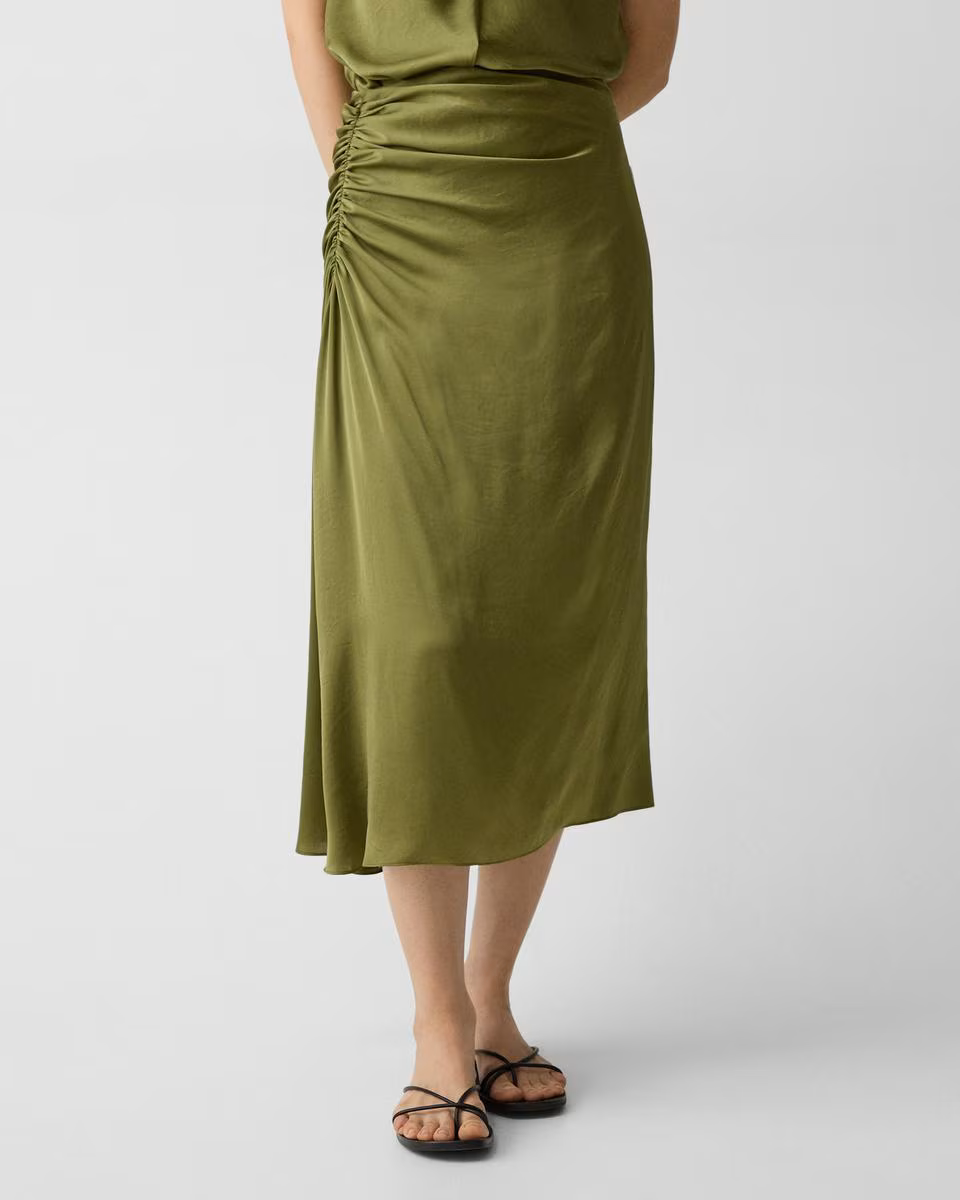 Ruched Midi Skirt in Crushed Satin