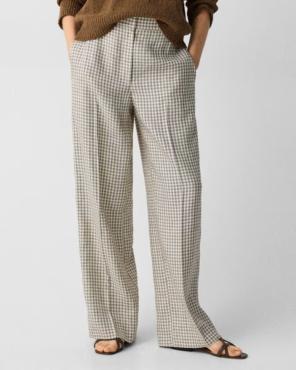 Straight Pant in Checked Linen-Blend