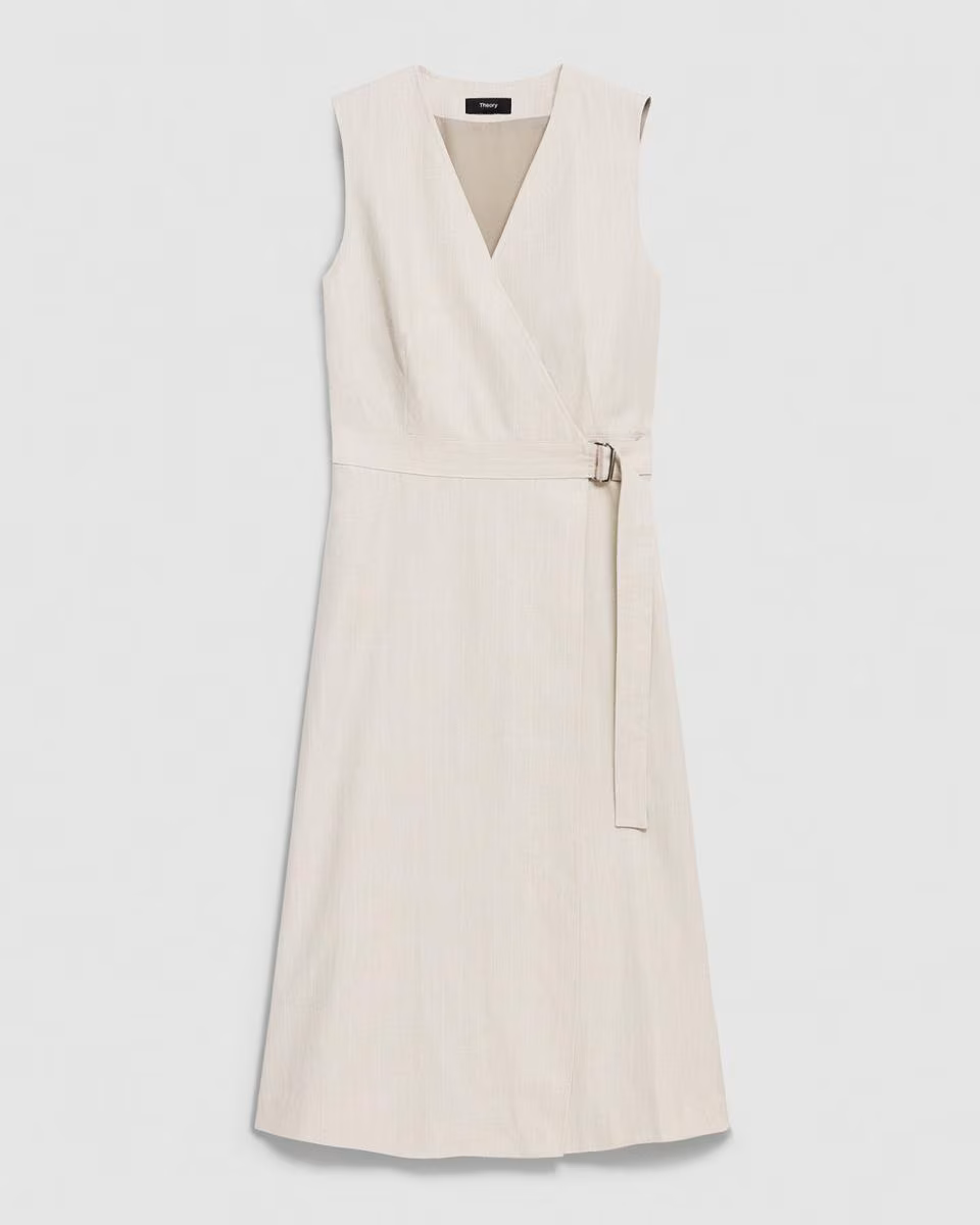 Sleeveless A-Line Wrap Dress in Striped Canvas