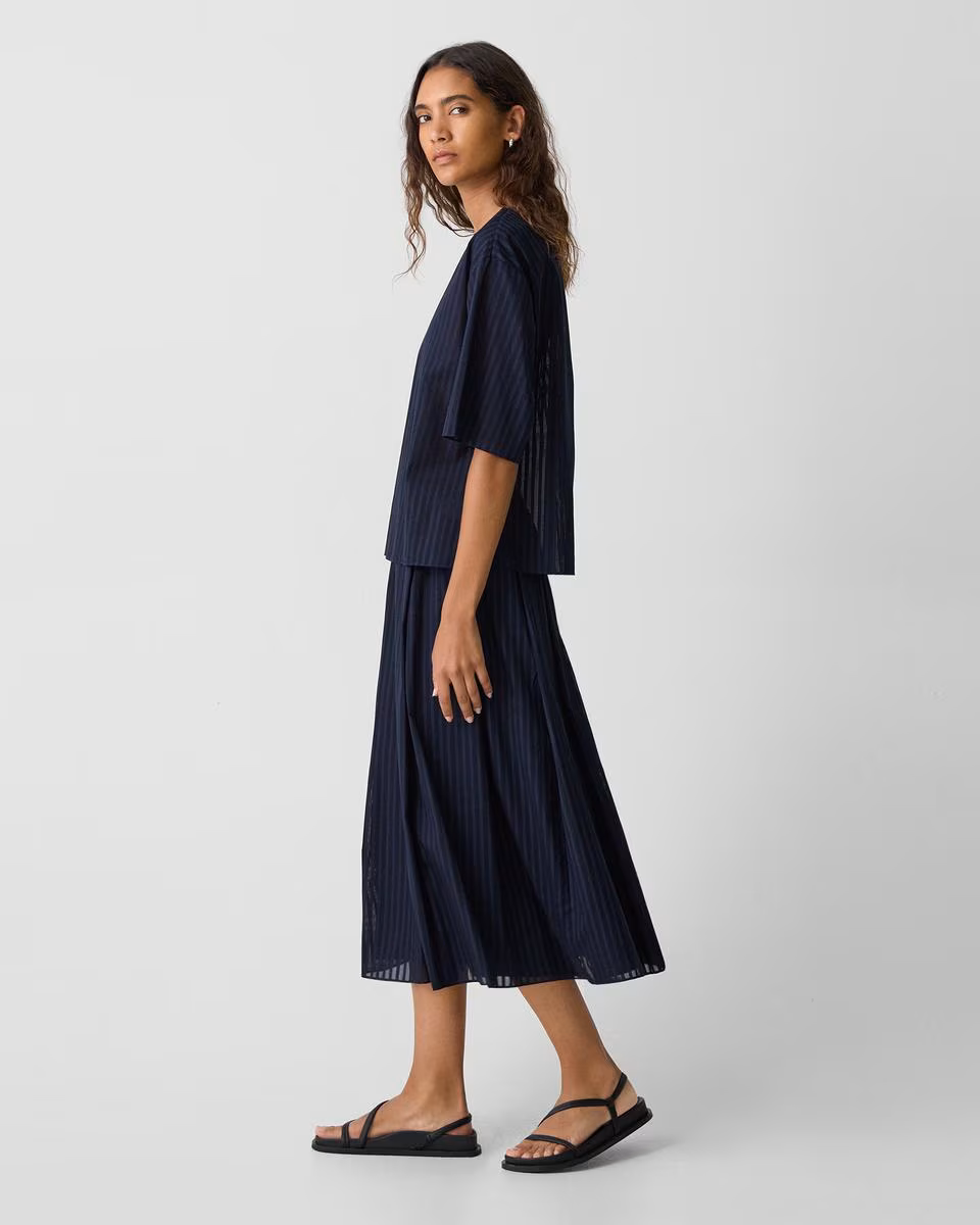 Pleated A-Line Skirt in Linear Cotton