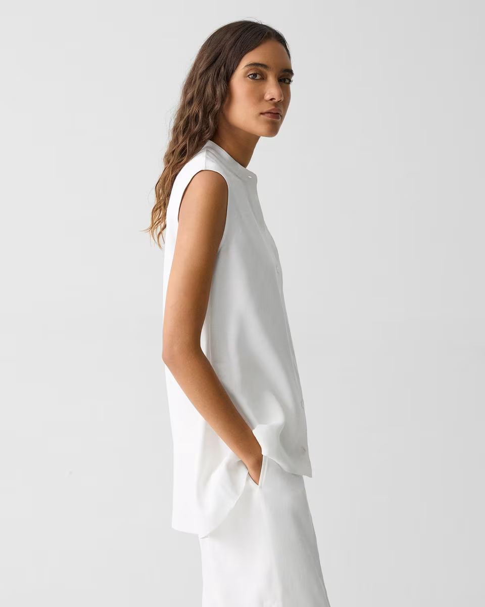Sleeveless Asymmetrical Shirt in Linen-Viscose