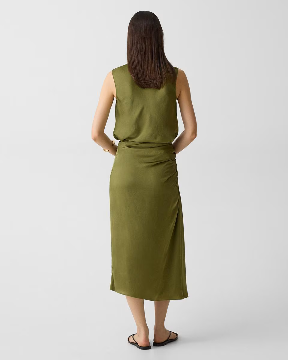 Ruched Midi Skirt in Crushed Satin