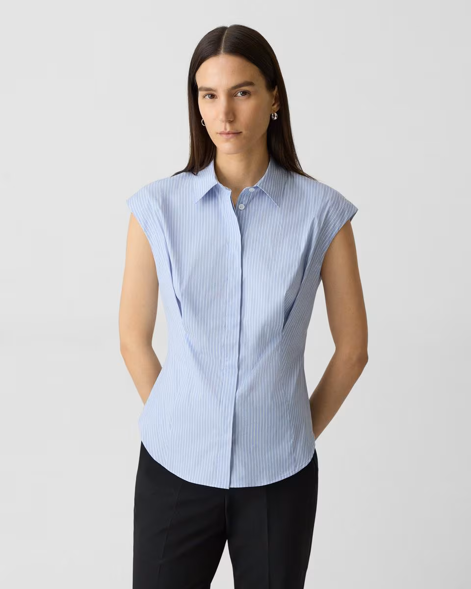 Cinched Cap-Sleeve Shirt in Striped Cotton-Blend