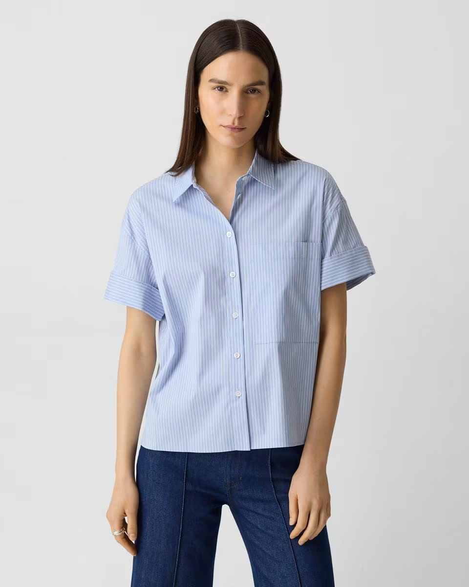 Cuffed Shirt in Striped Cotton-Blend