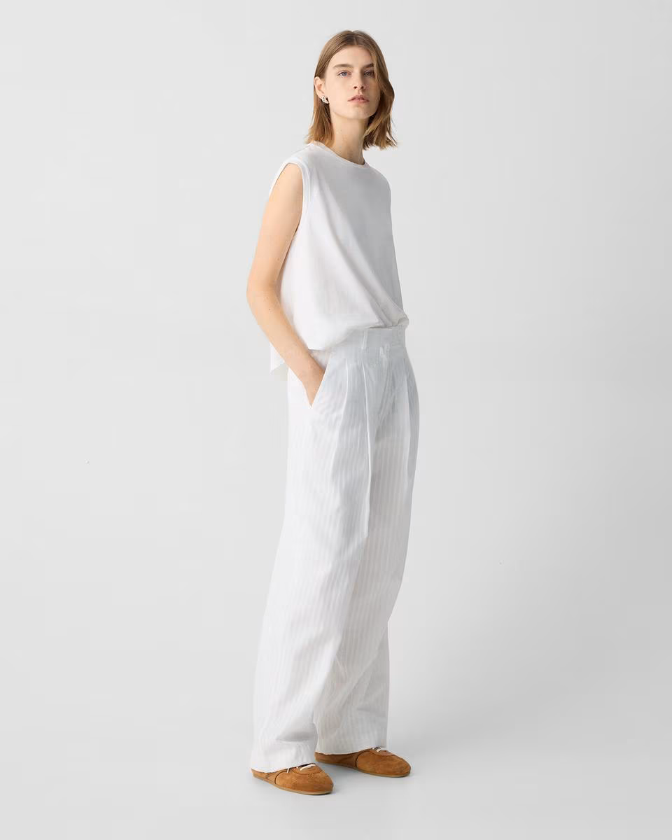 Double Pleat Pant in Linear Cotton