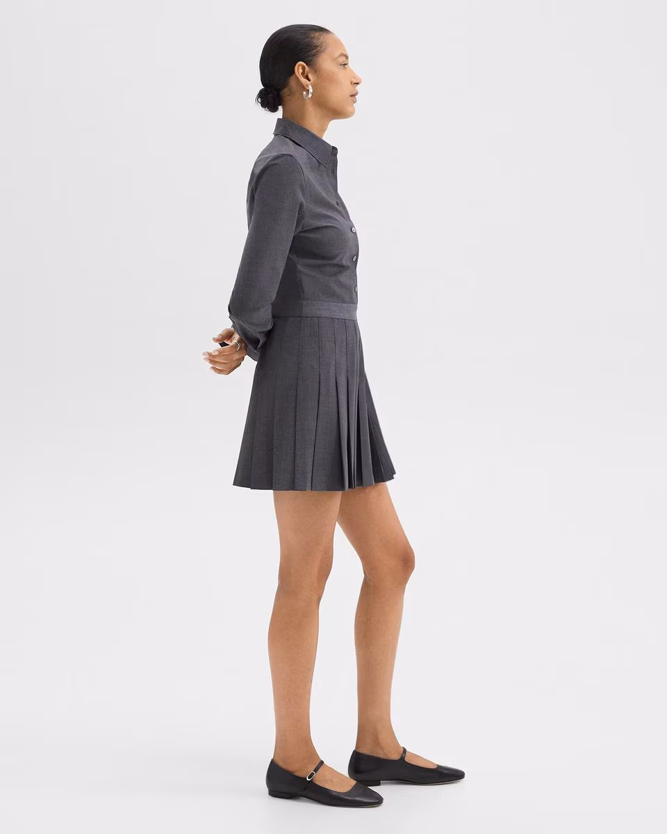 Pleated Mini Shirt Dress in Stretch Wool-Blend