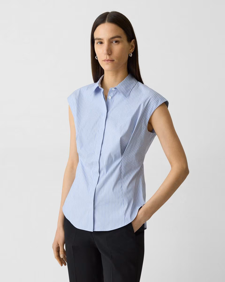 Cinched Cap-Sleeve Shirt in Striped Cotton-Blend