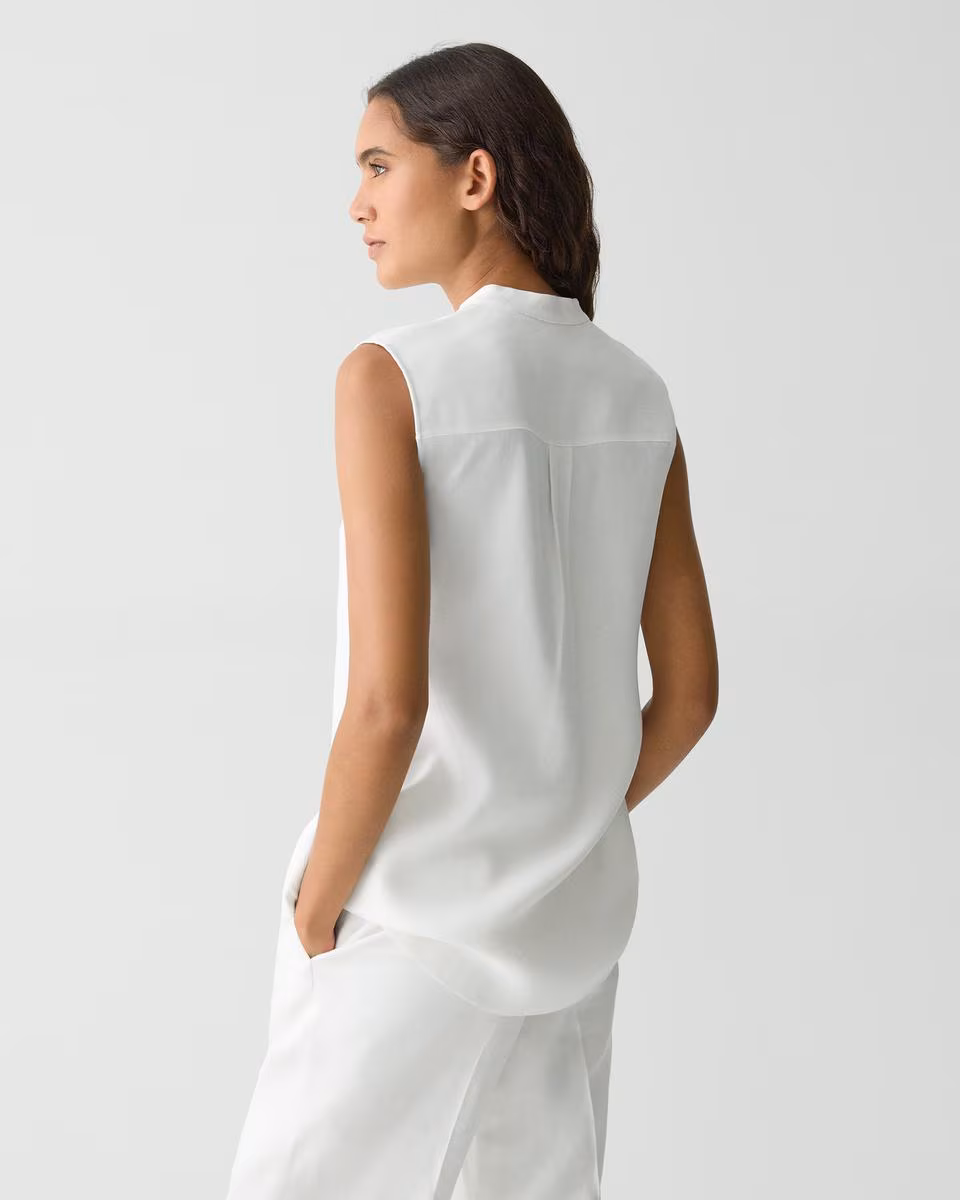 Sleeveless Asymmetrical Shirt in Linen-Viscose