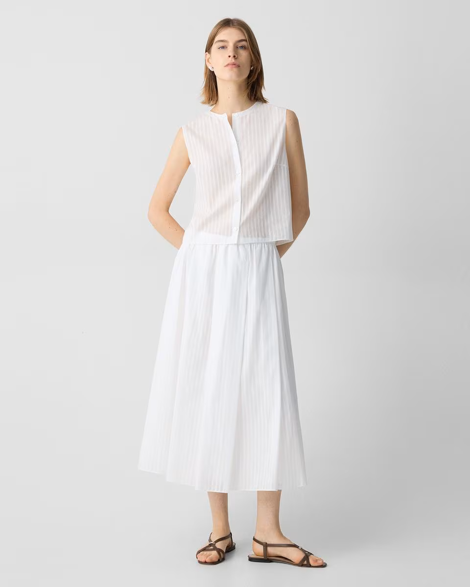 Pleated A-Line Skirt in Linear Cotton