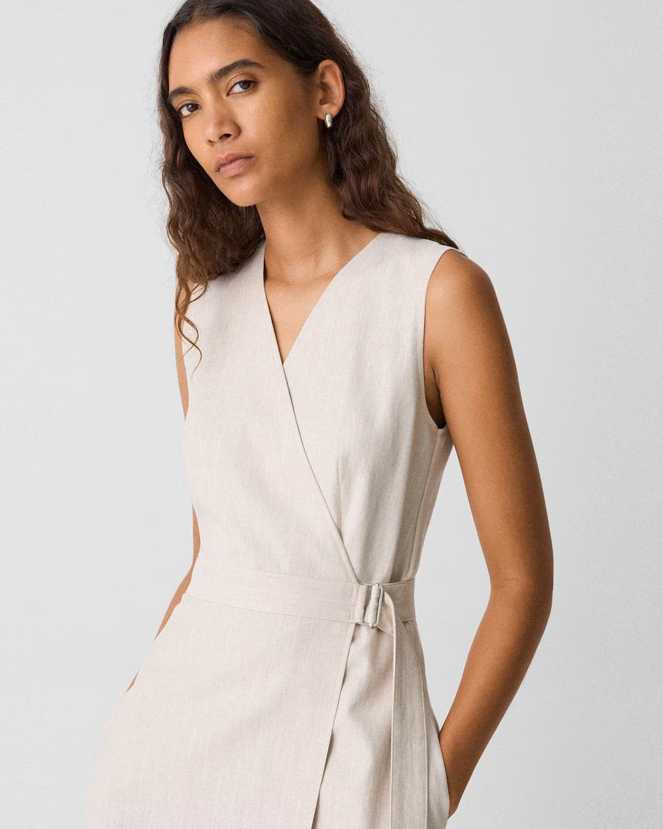 Sleeveless A-Line Wrap Dress in Striped Canvas