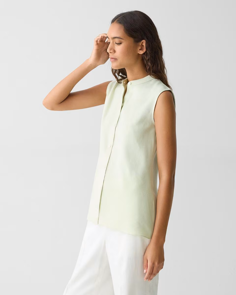 Sleeveless Asymmetrical Shirt in Linen-Viscose