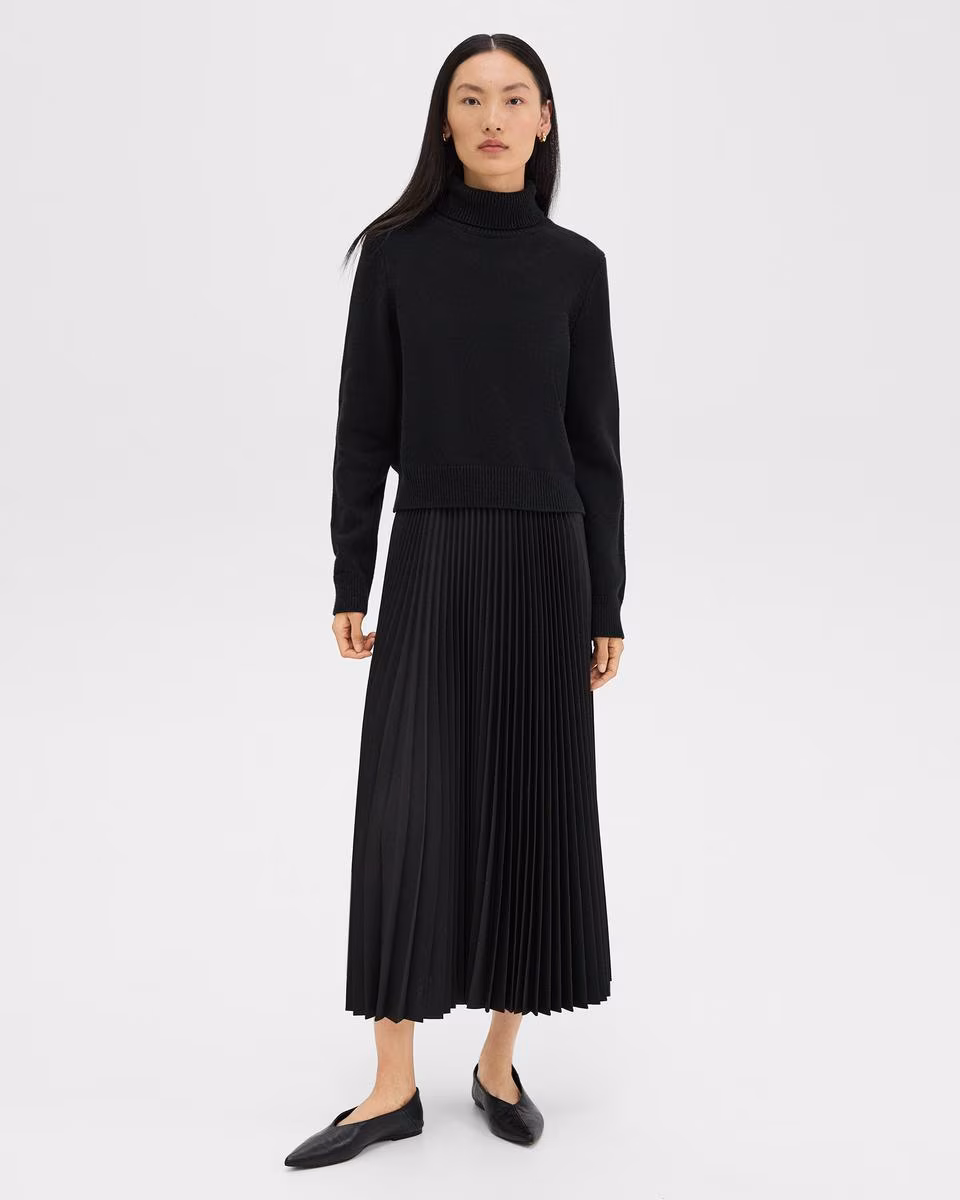 Pleated Combo Dress in Stretch Wool-Blend
