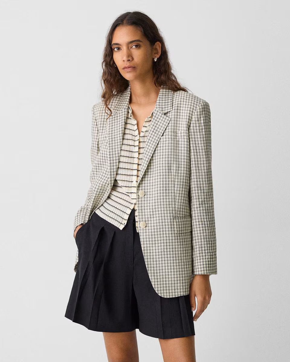 Relaxed Blazer in Checked Linen-Blend