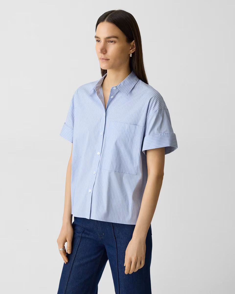 Cuffed Shirt in Striped Cotton-Blend