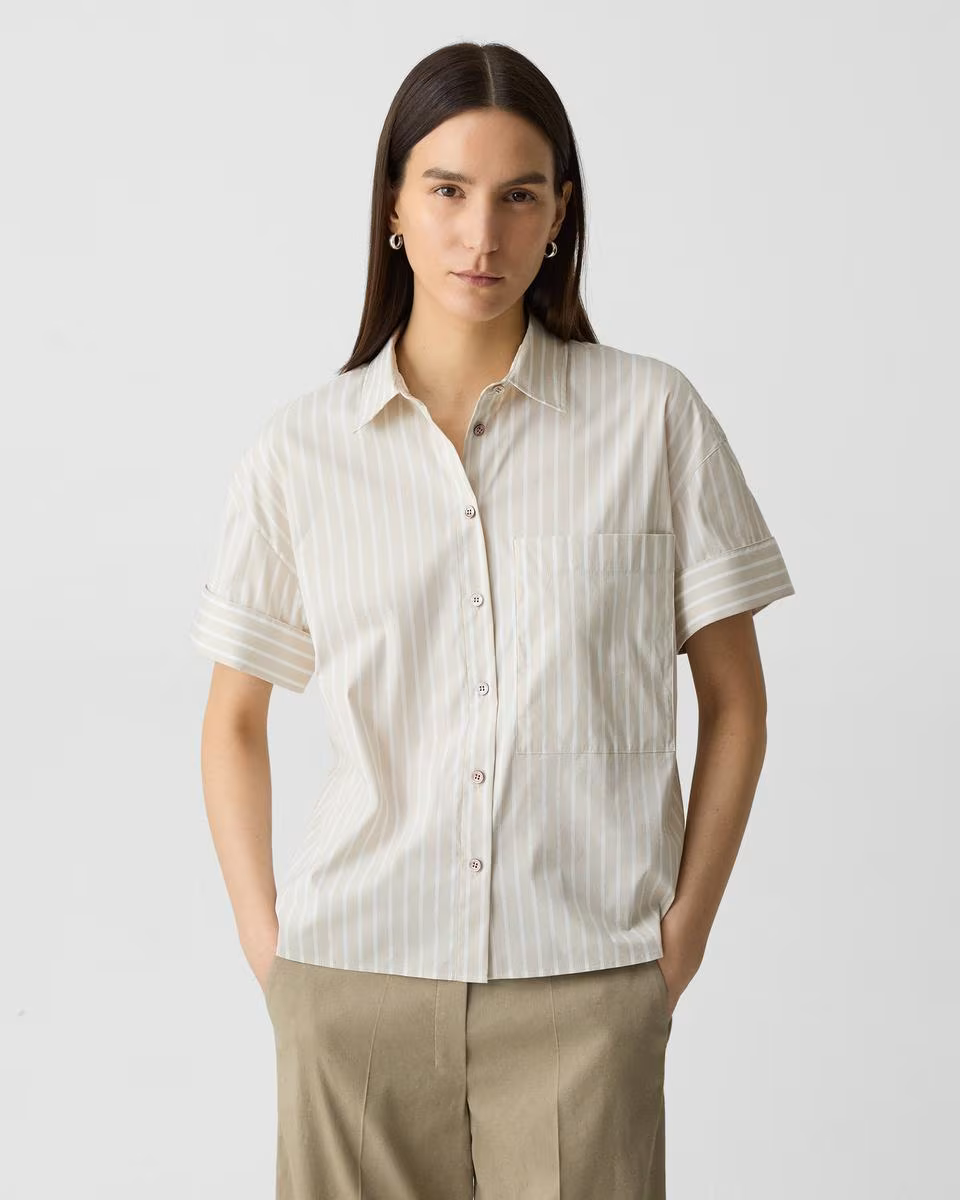 Cuffed Shirt in Striped Cotton-Blend