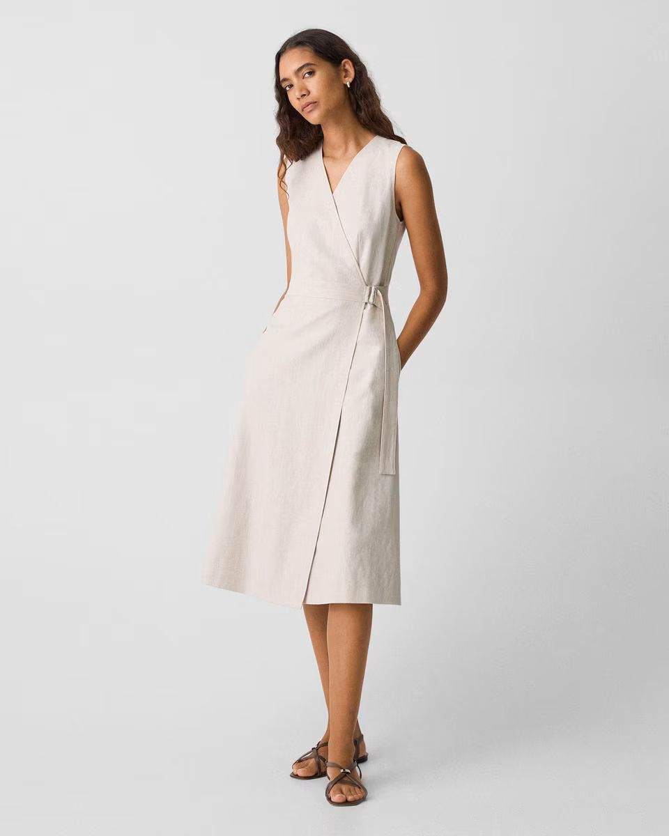 Sleeveless A-Line Wrap Dress in Striped Canvas