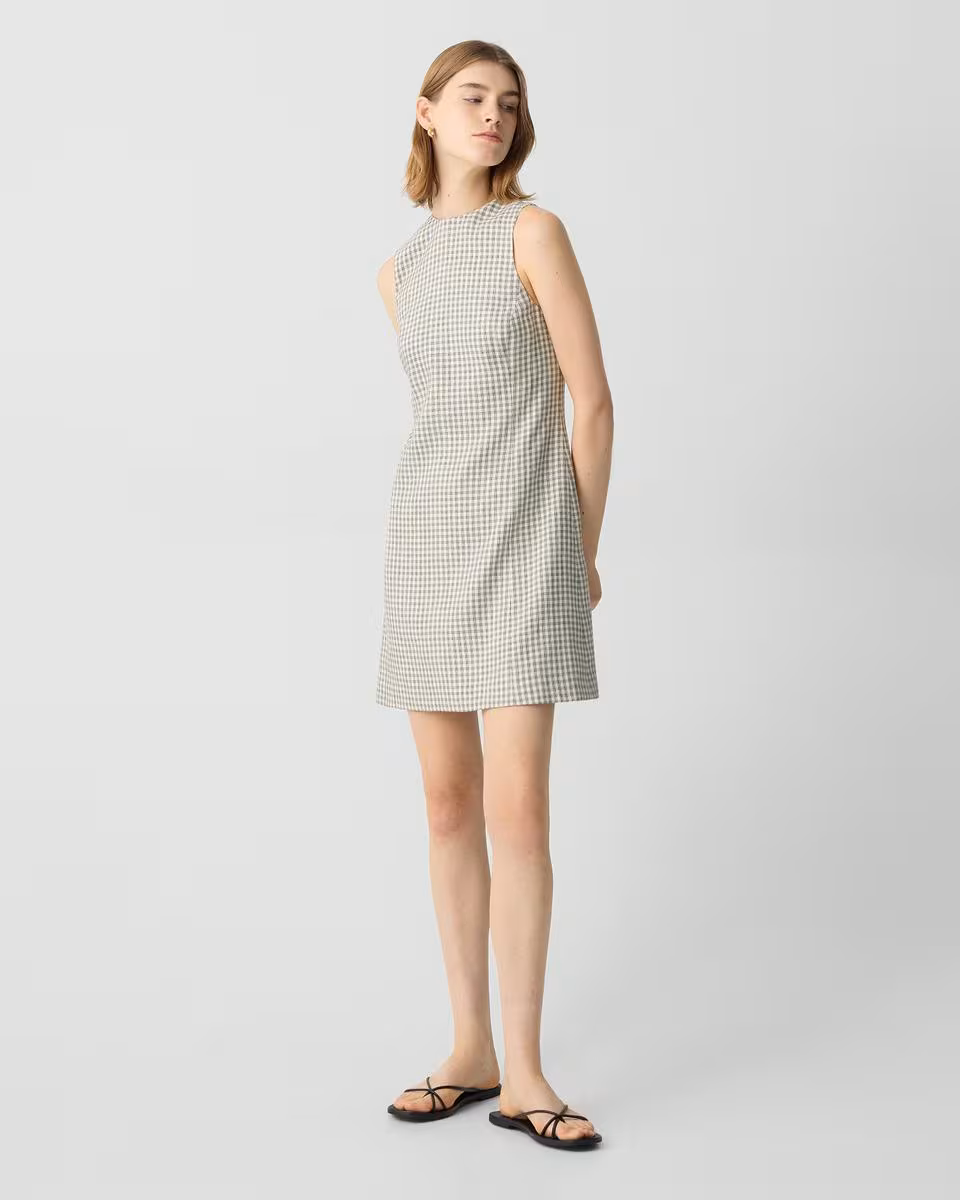 A-Line Mini Dress in Checked Linen-Blend
