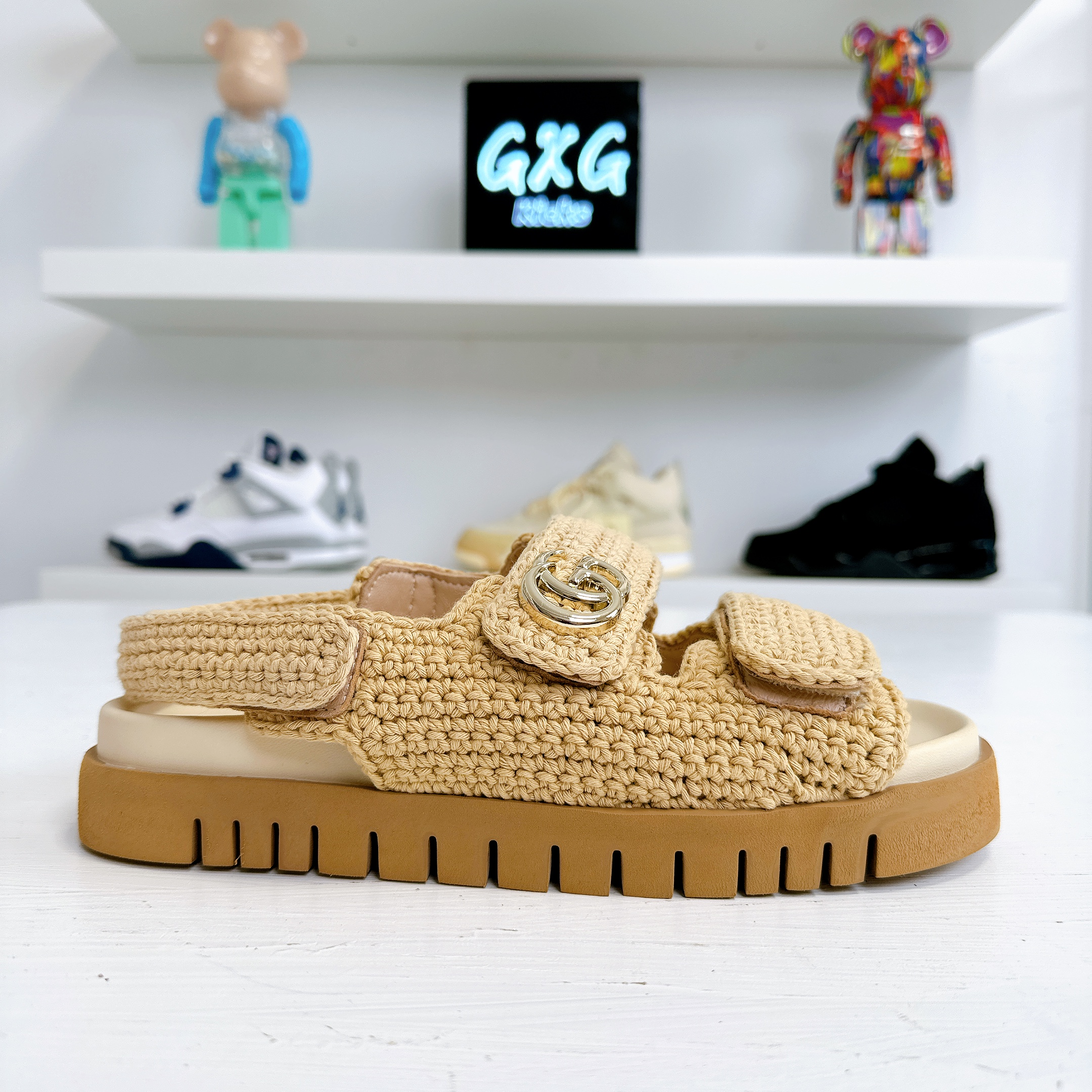 GUCCI New Marmont leather-trimmed embellished crocheted cotton platform sandals