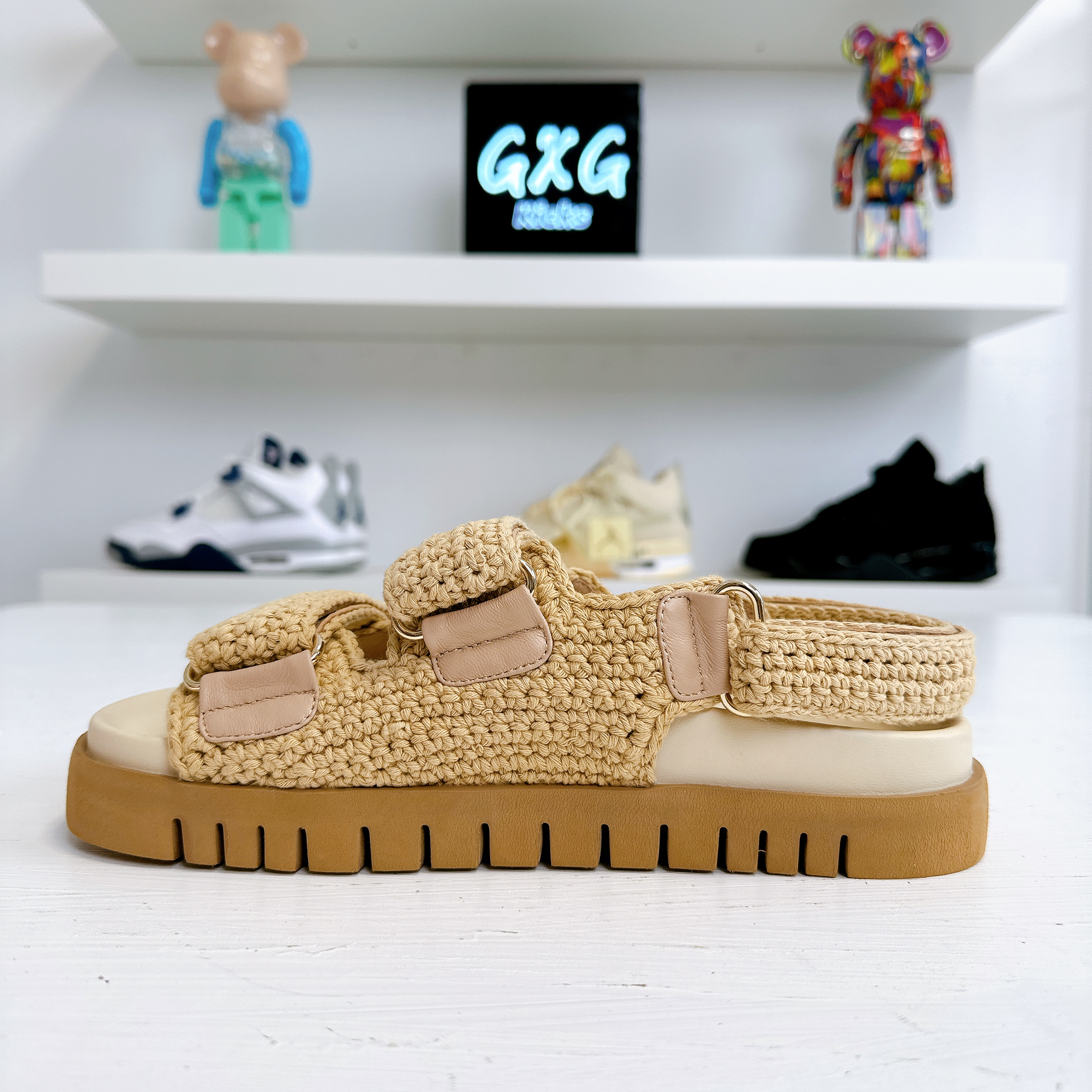 GUCCI New Marmont leather-trimmed embellished crocheted cotton platform sandals