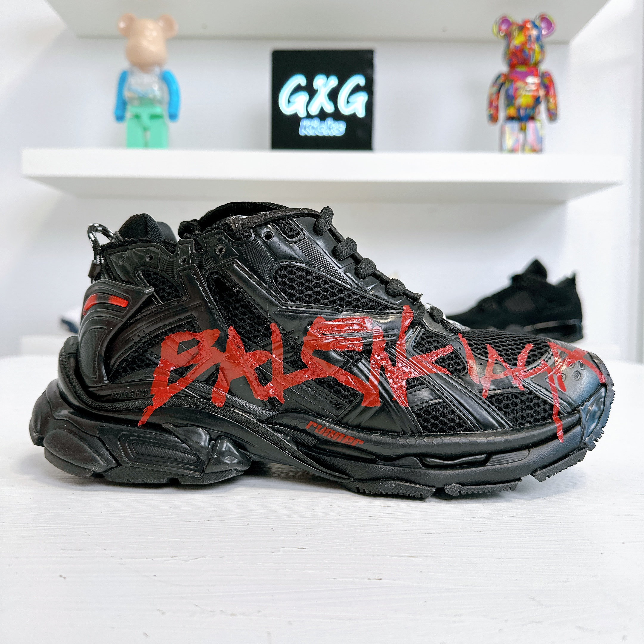 BALENCIAGA Mesh Rubber Graffiti Mens Runner Sneakers Black Red