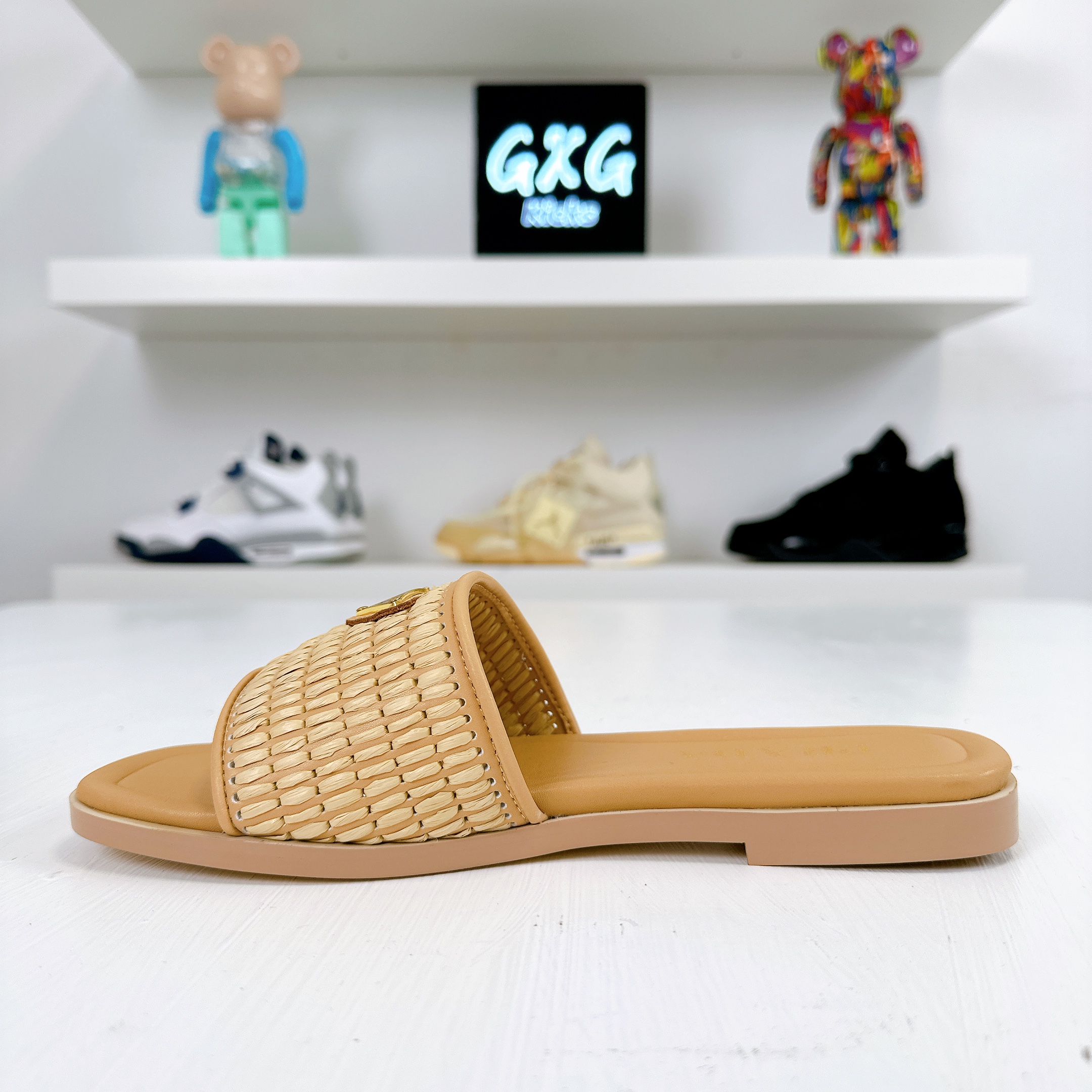 Prada Beige Raffia And Leather Slippers