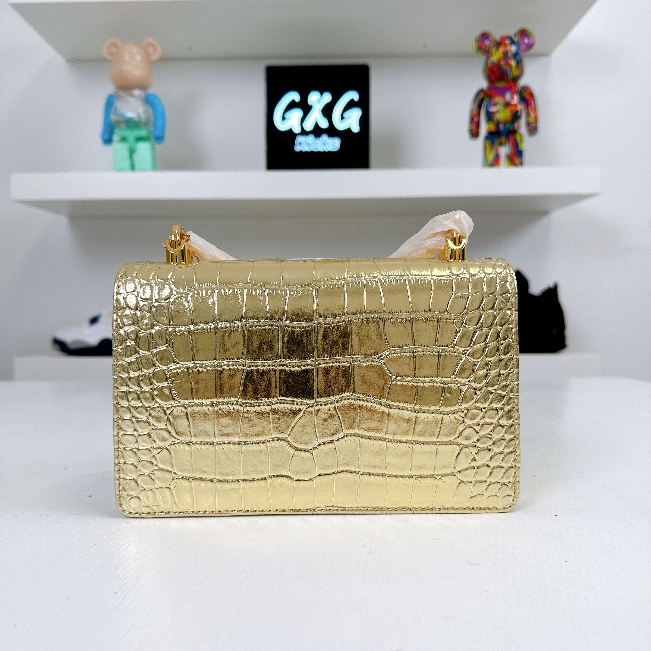DOLCE GABBANA Metallic Calfskin Crocodile Embossed DG Girls Shoulder Bag Gold