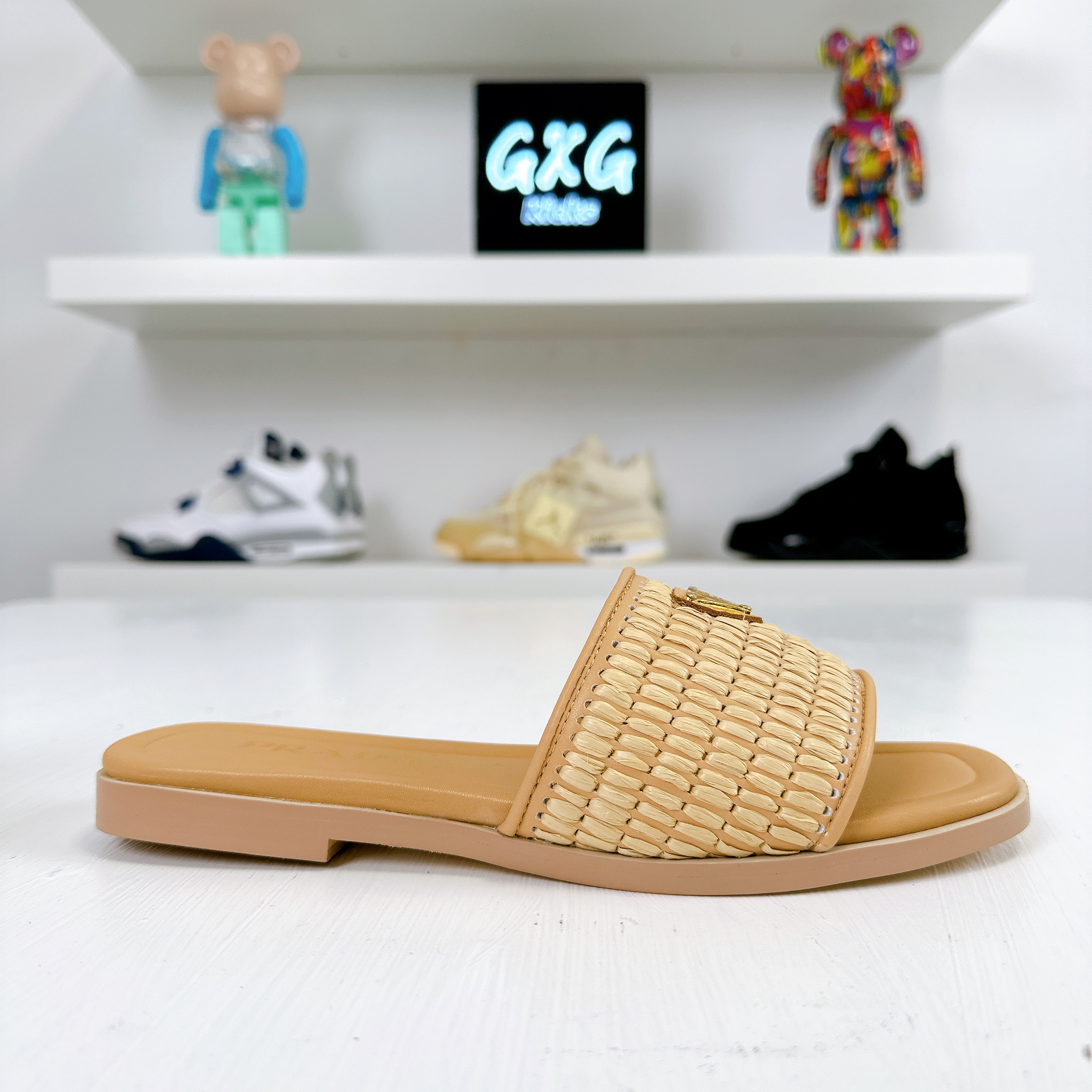 Prada Beige Raffia And Leather Slippers