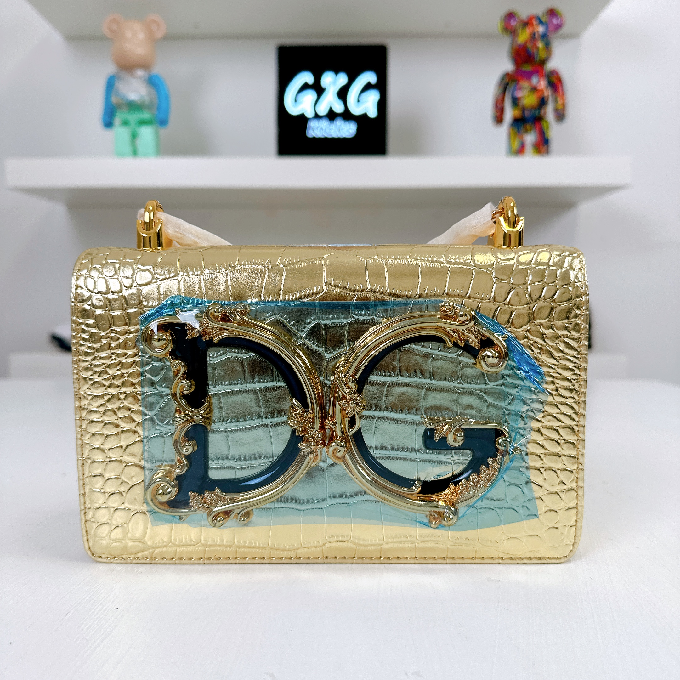 DOLCE GABBANA Metallic Calfskin Crocodile Embossed DG Girls Shoulder Bag Gold
