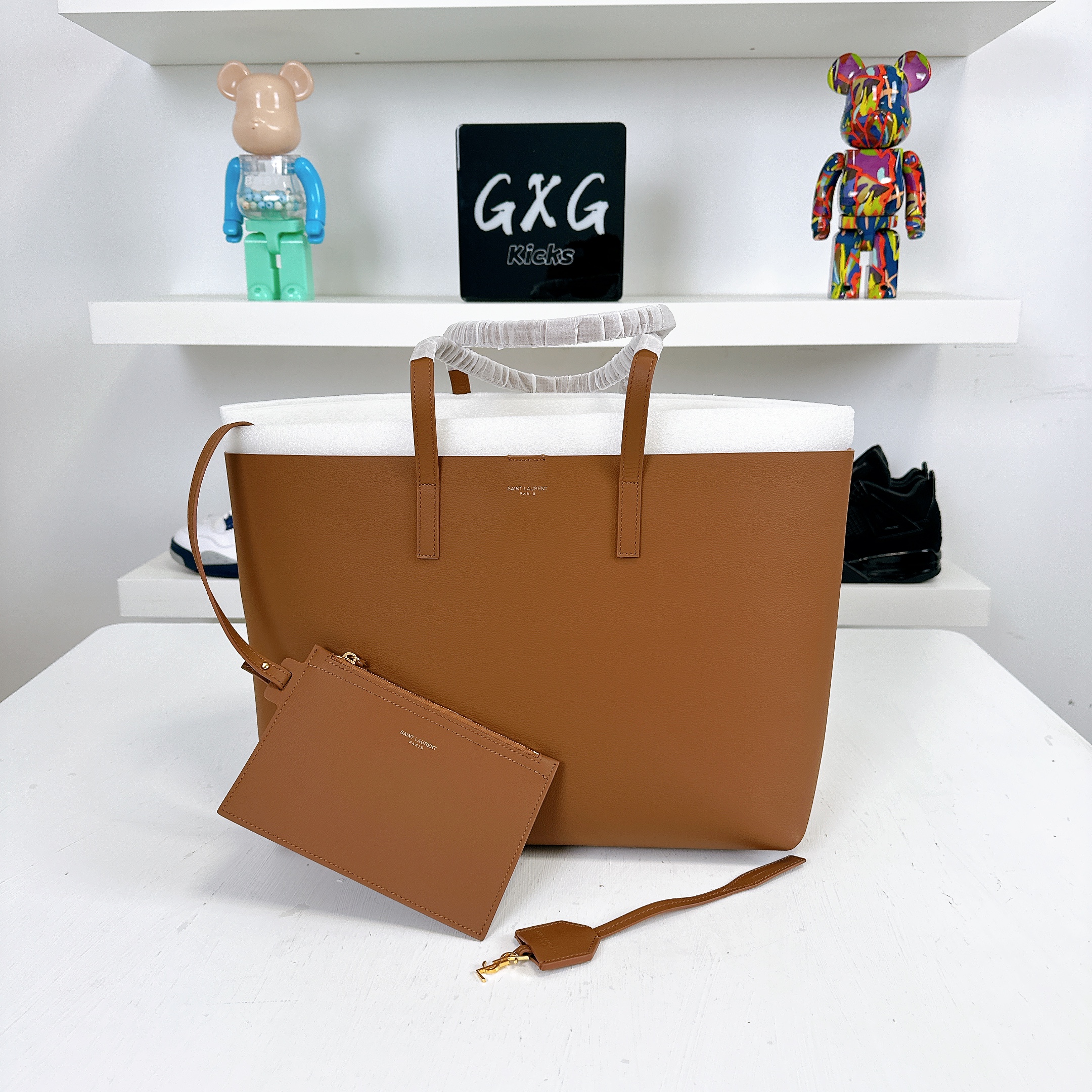 SAINT LAURENT Calfskin Large Shopping Tote Dark Tan