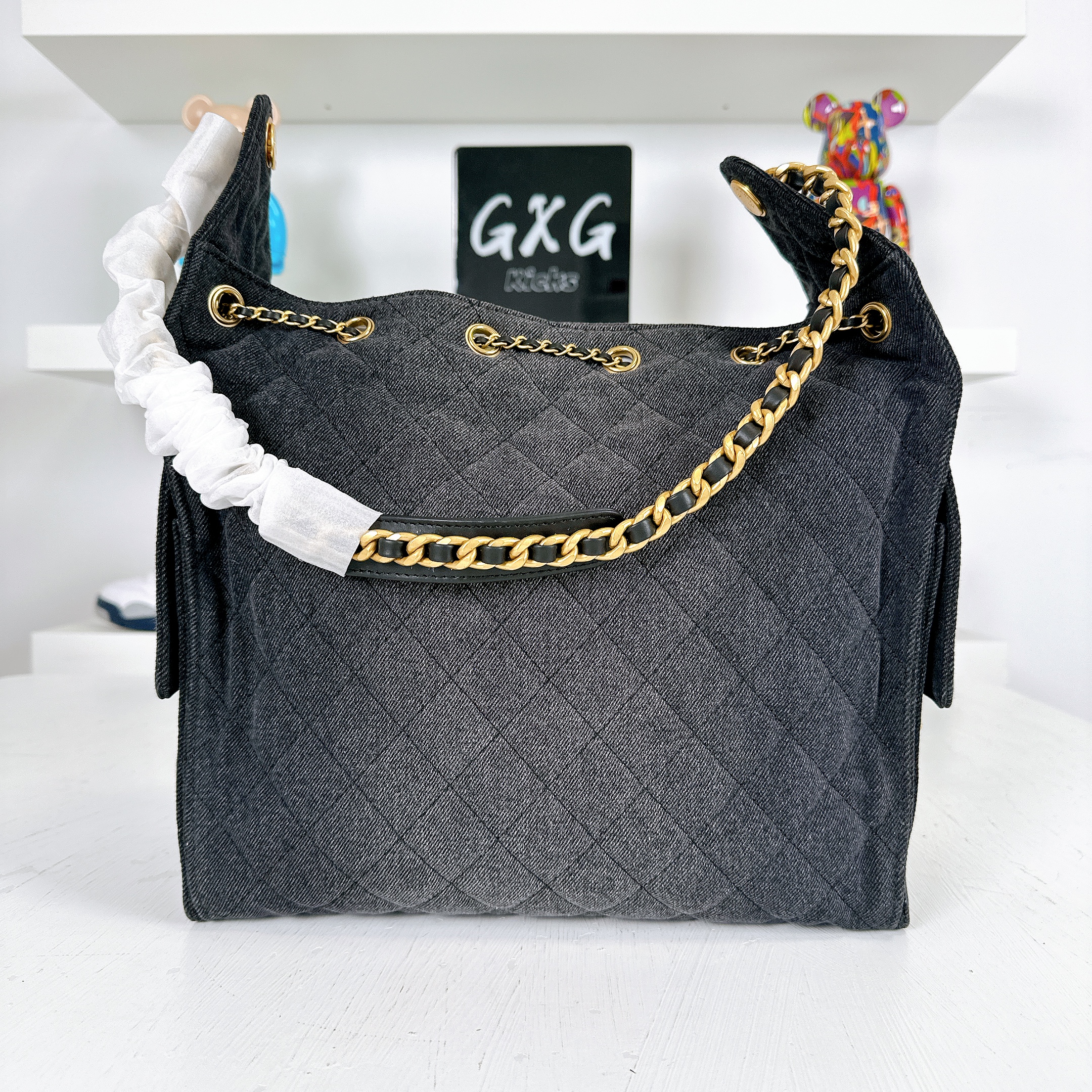 CHANEL Washed Denim Quilted Small Chanel 25 Handbag Black