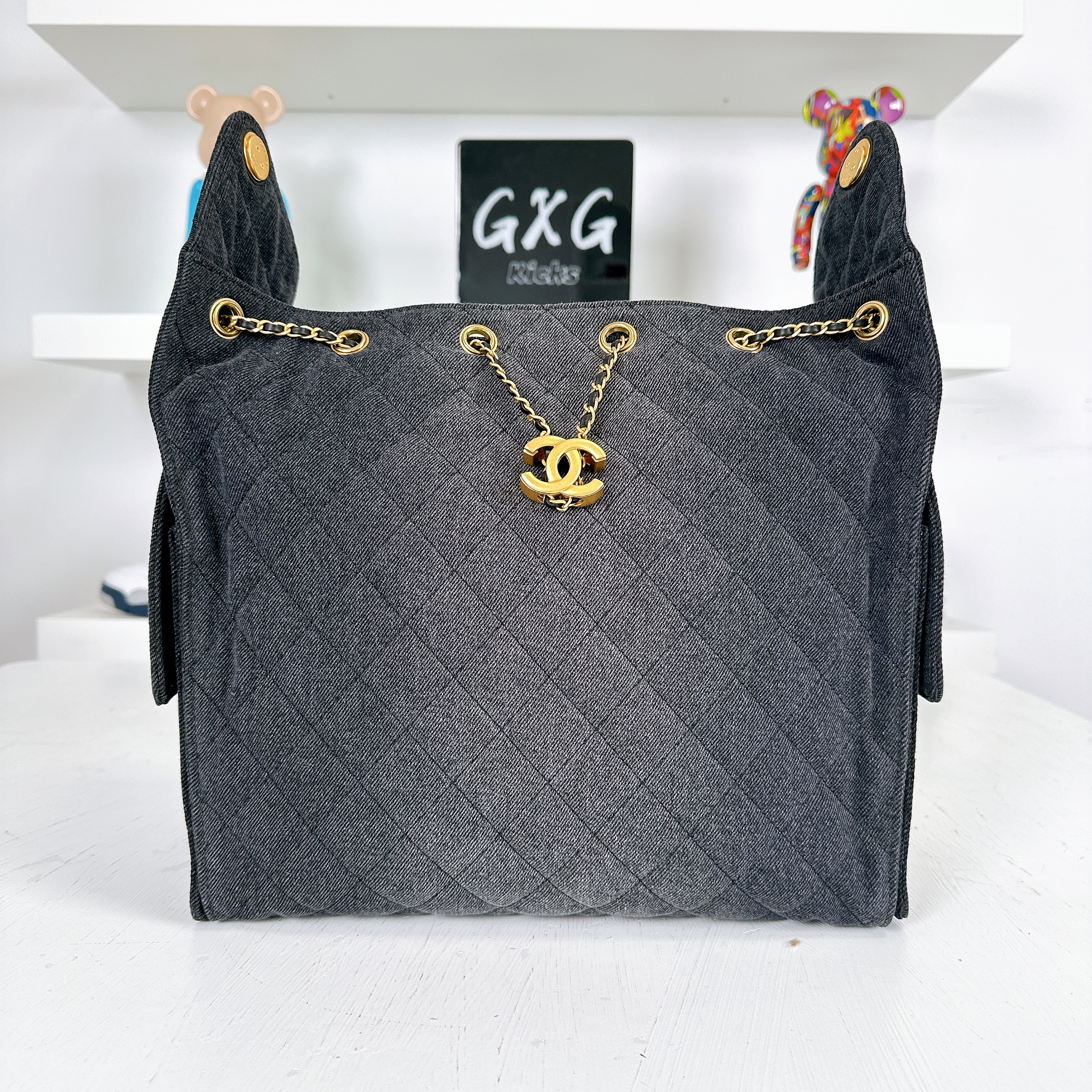 CHANEL Washed Denim Quilted Small Chanel 25 Handbag Black