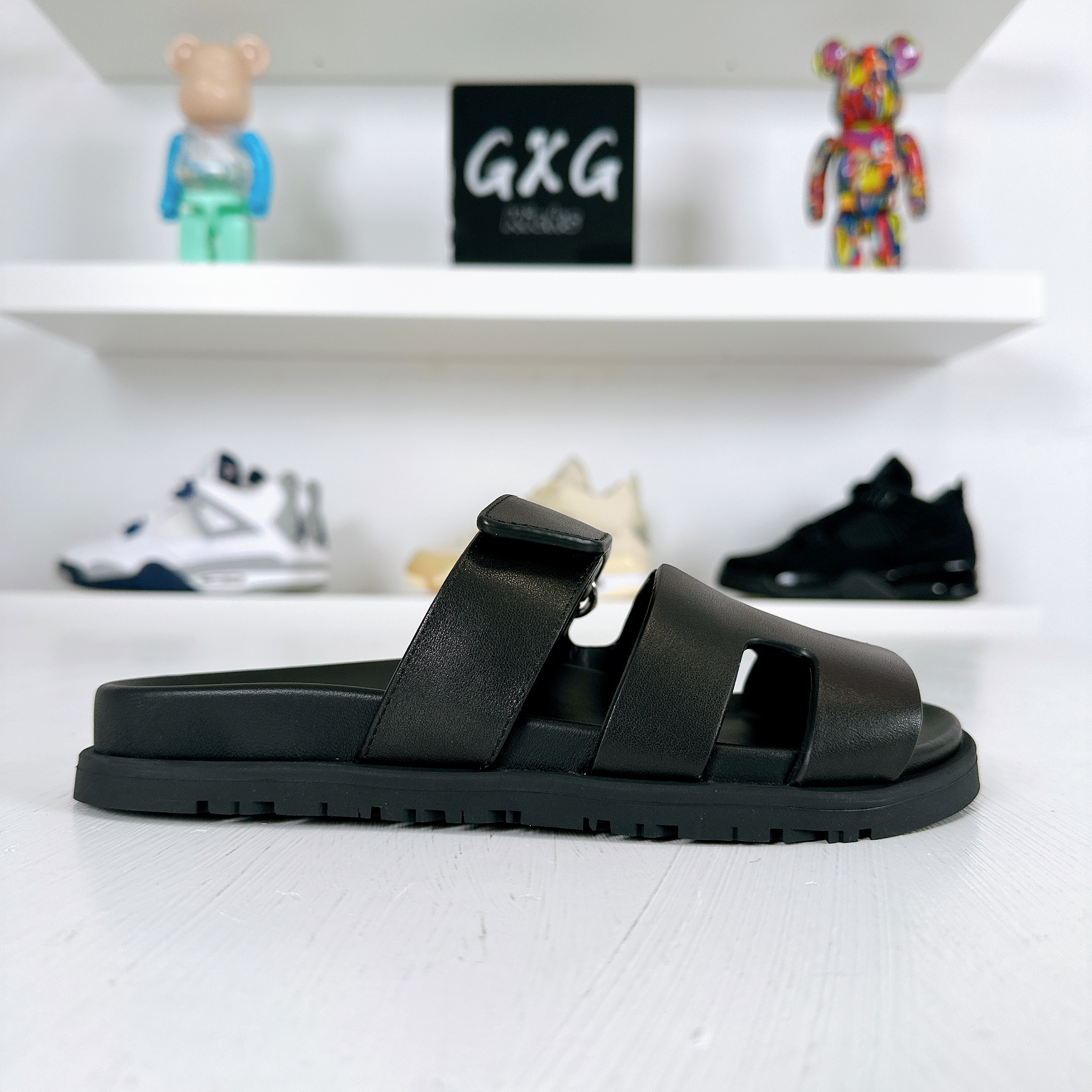 Hermes Black Leather Chypre Sandals