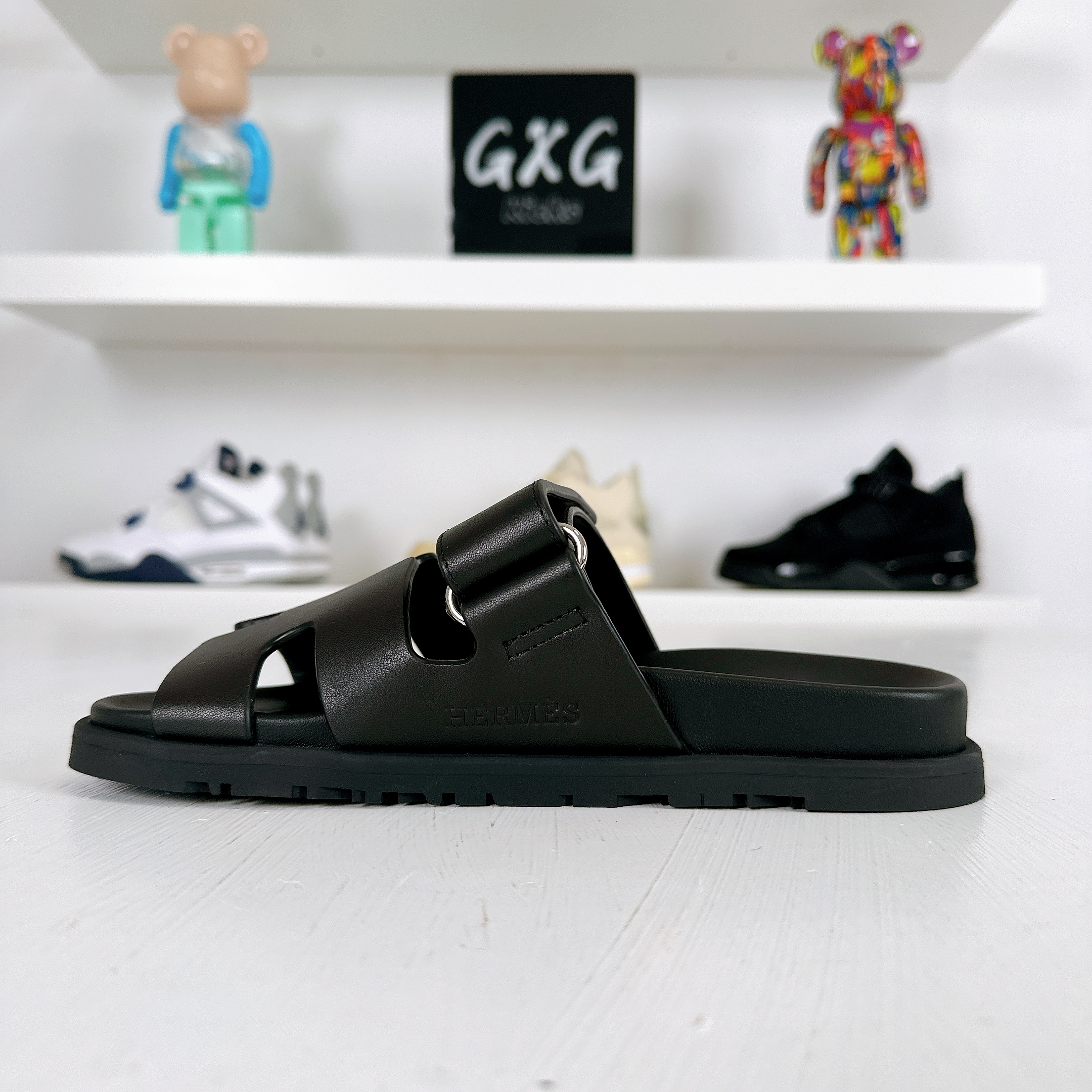 Hermes Black Leather Chypre Sandals
